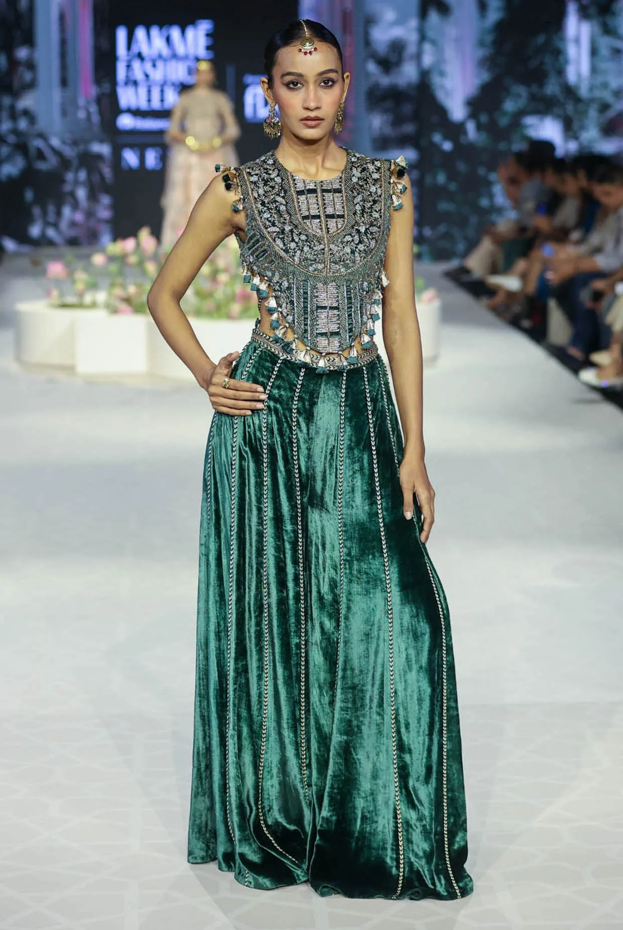 Benazir Emerald Green Embroidered Back Tie-Up Choli And Sharara Pant by Payal Singhal