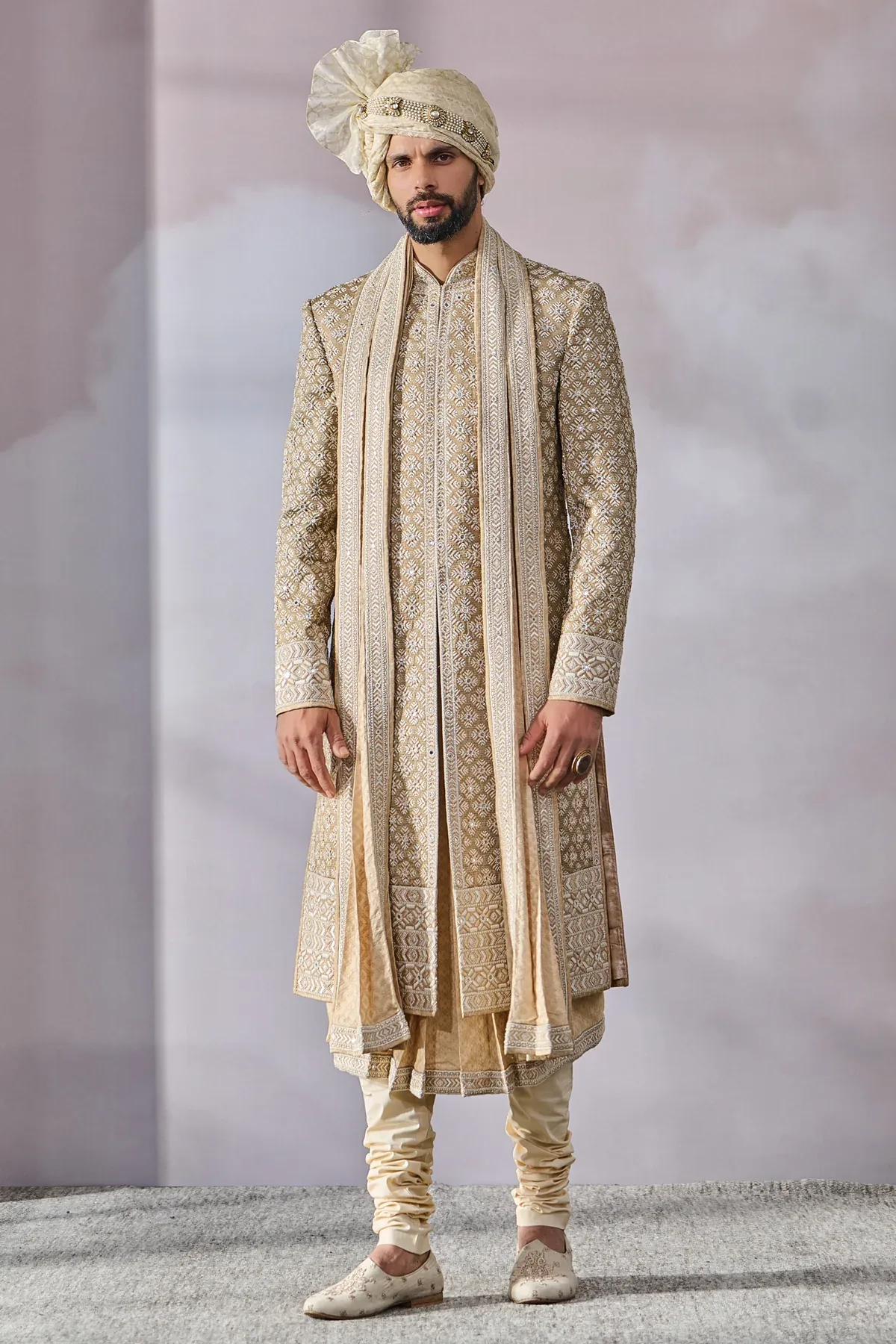 SOL Sherwani , Kurta , Churidar , Stole , Kamarbandh , Safa , Jutti Fabric by Tarun Tahiliani