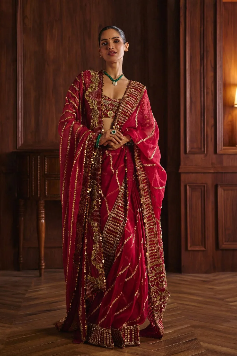 Radha by Mahima Mahajan, crimson sari, view 3