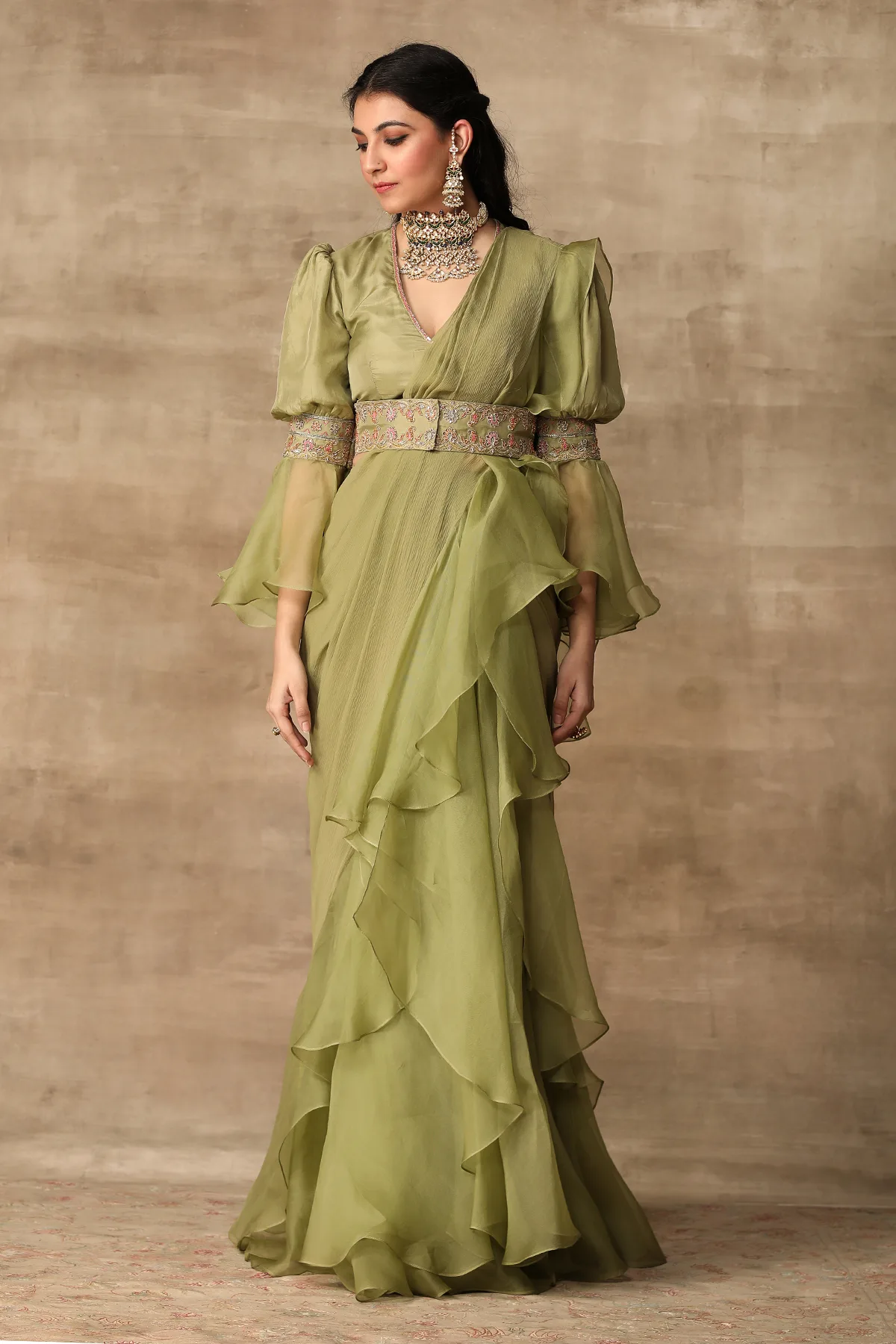 Alisha Pekha In Iris by Ridhi Mehra, green sari, view 4