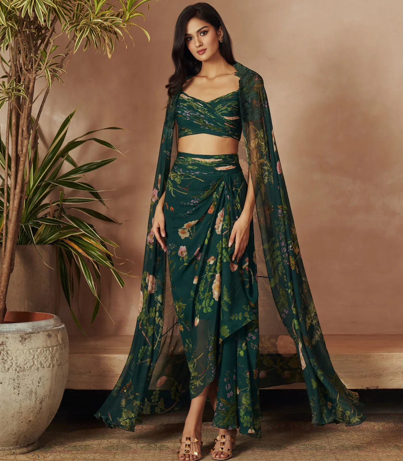 Emerlad Green Drape Skirt and Cape by Anushree Reddy