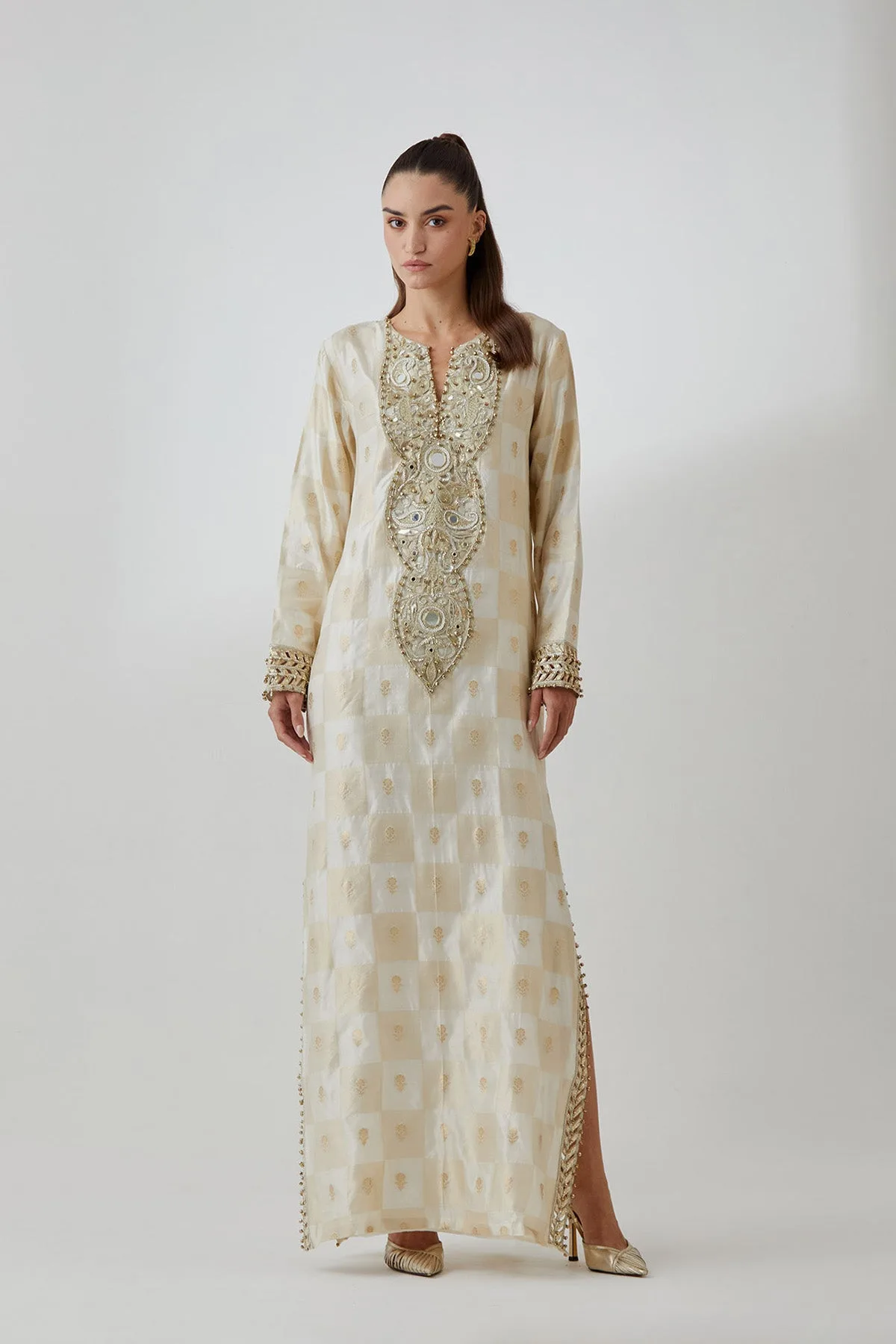 Off-White Brocade Silk Embroidered Long Kaftan by Payal Singhal in off white