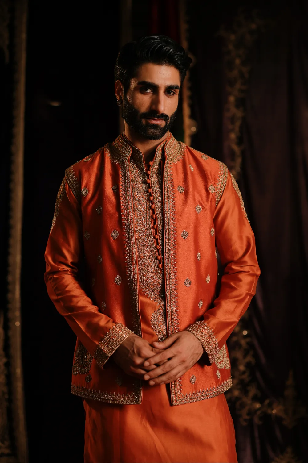 Zunaid Jacket Set by Jigar Mali in rust, view 2