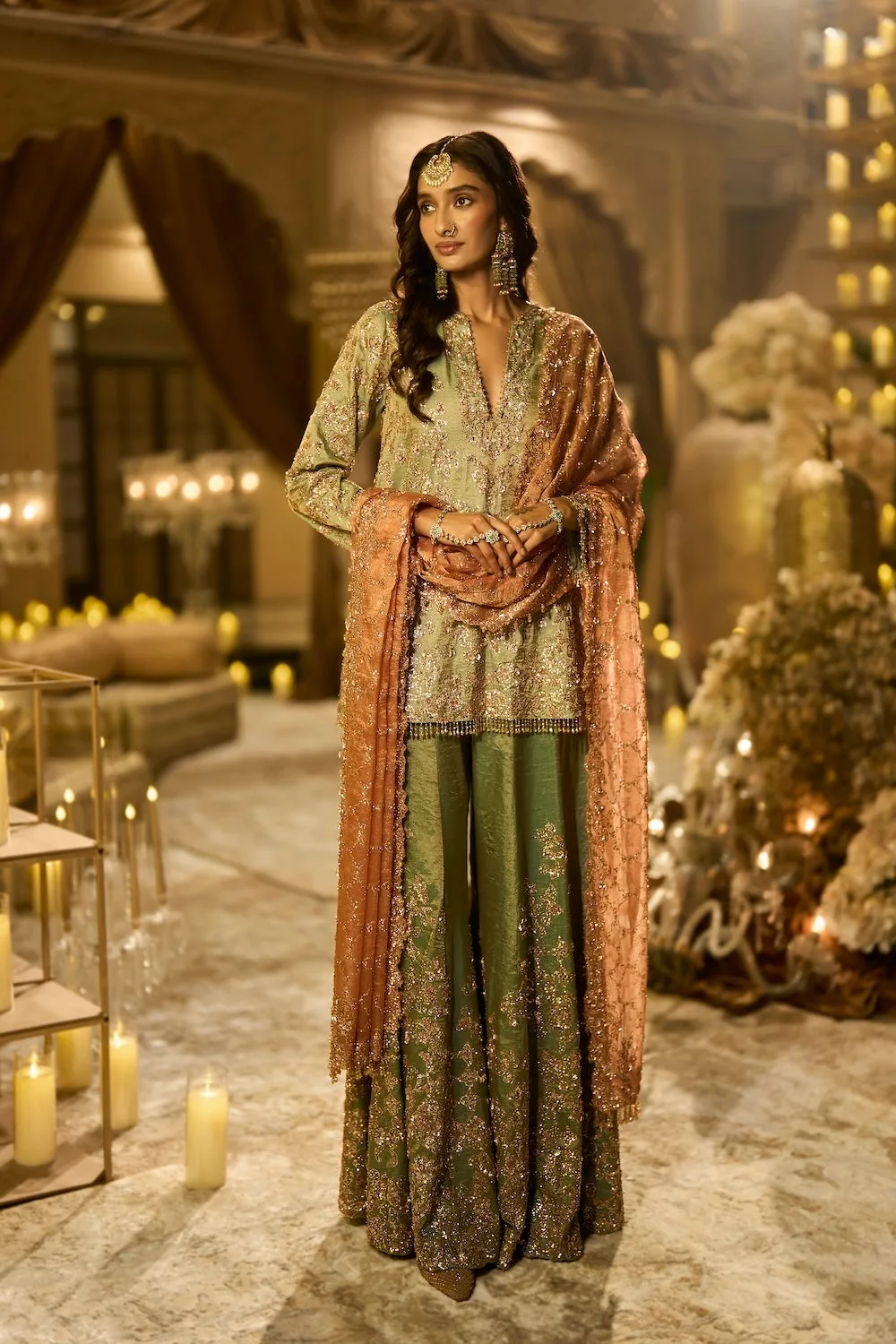 Sea Foam Green Tissue Sharara Set by Seema Gujral, green sari