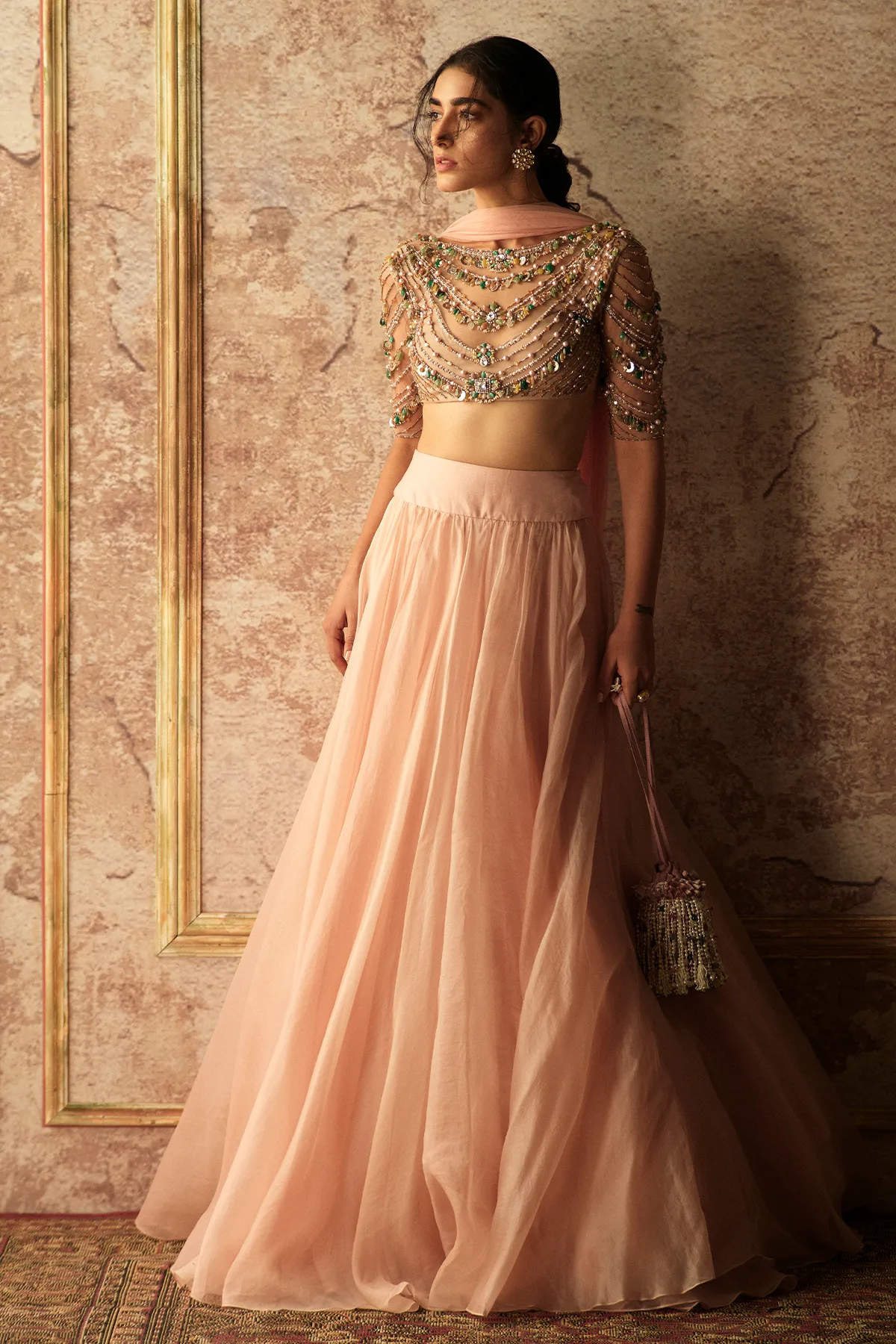 Zoha by Ridhi Mehra, champagne lehenga