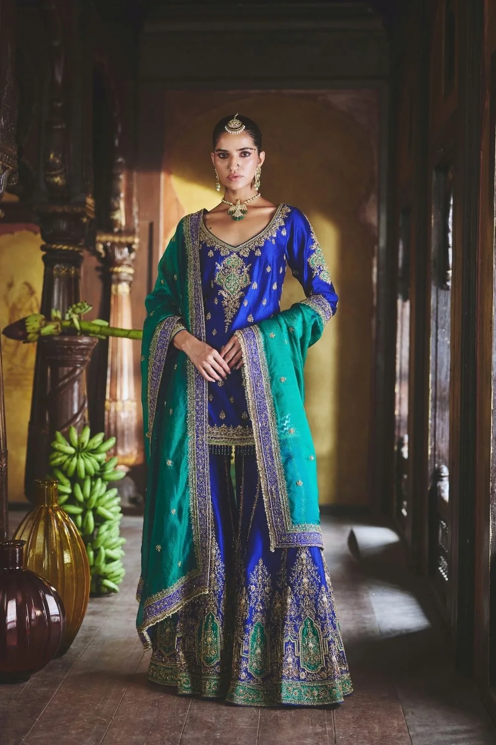 Aadhya Sharara Set by Jigar Mali in peacock blue, view 3
