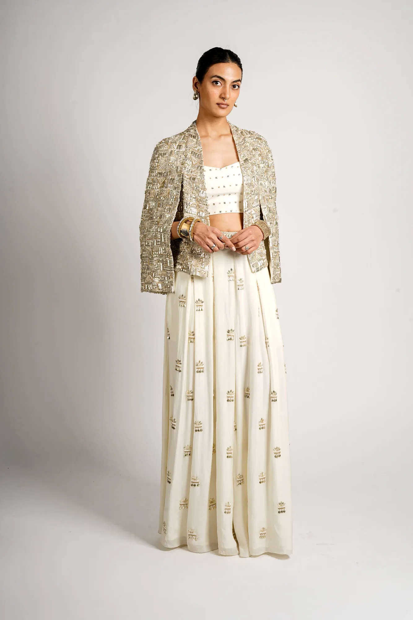 Miraya Embellished Cape Jacket with Bustier and Flared Pant by SVA