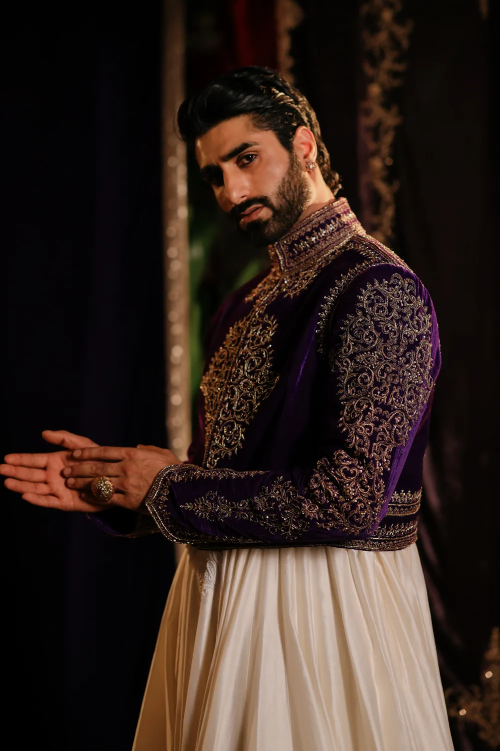 Aabid Jacket Set by Jigar Mali in ivory, view 3