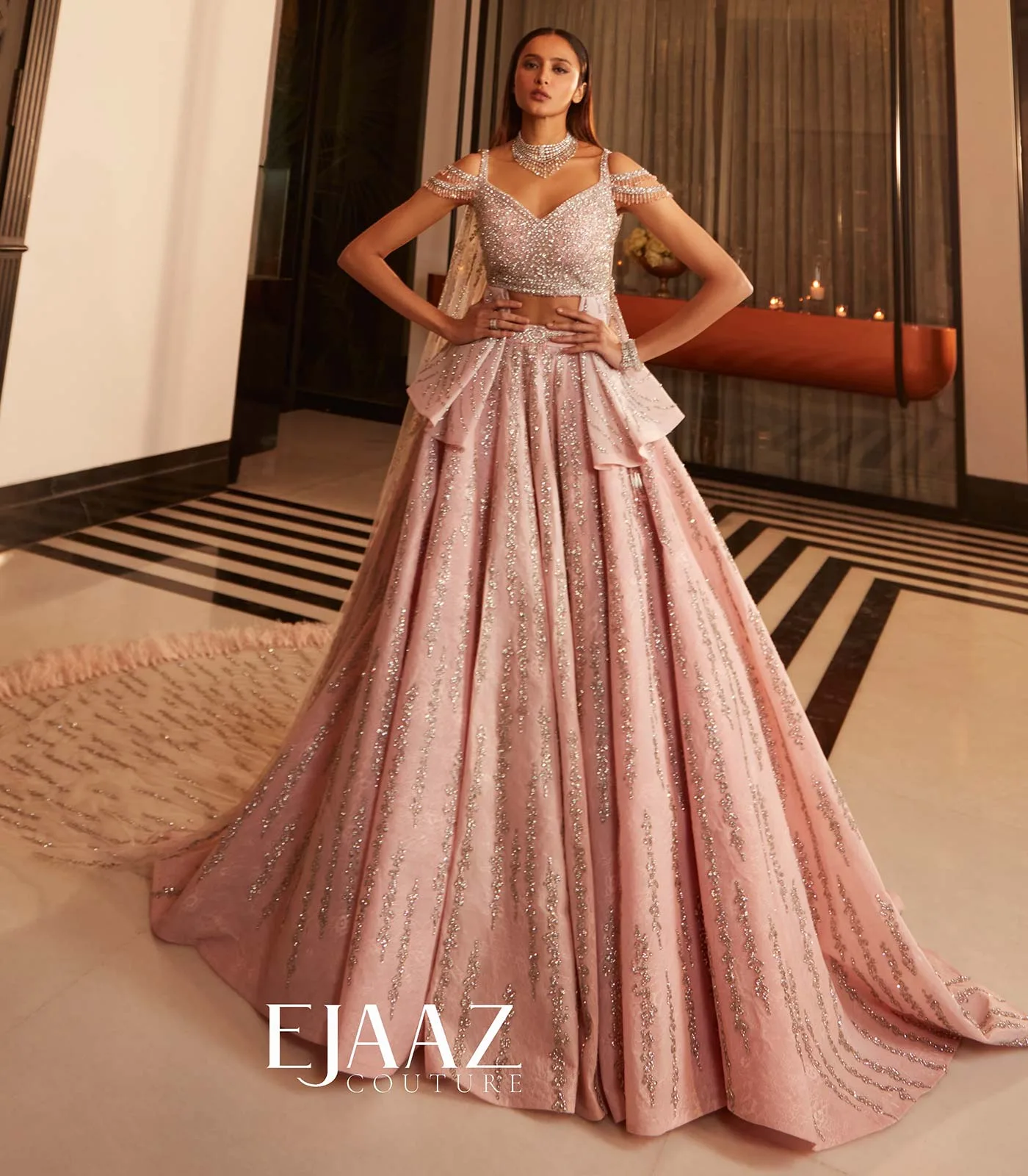 Pink Peplum Top with Skirt and Cape by Mukul Arora