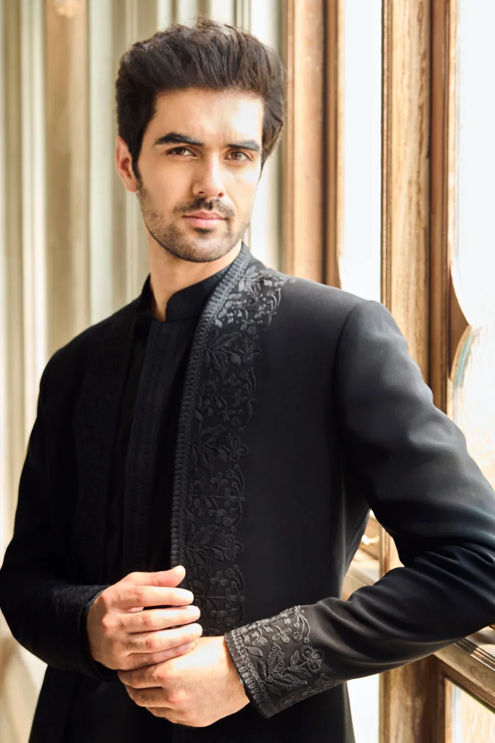 Black Thread Work Open Jacket Set by Seema Gujral