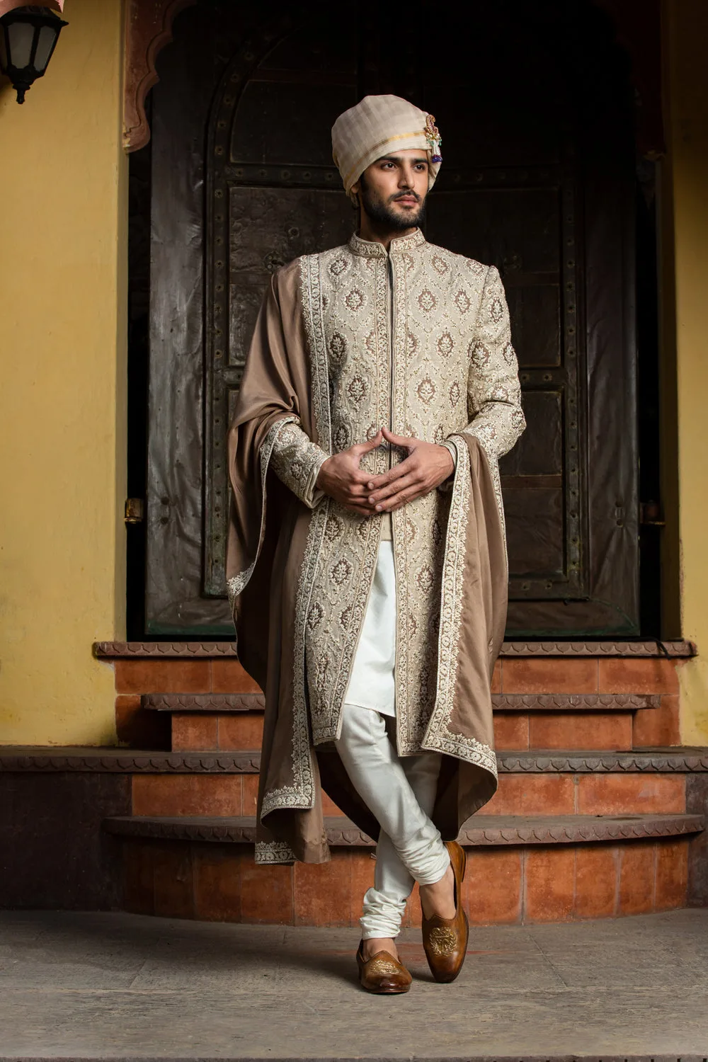 Beige Brown Raw Silk Patchwork Embroidered Achkan with Monga Kurta and Churidar by Nitika Gujral, beige sherwani