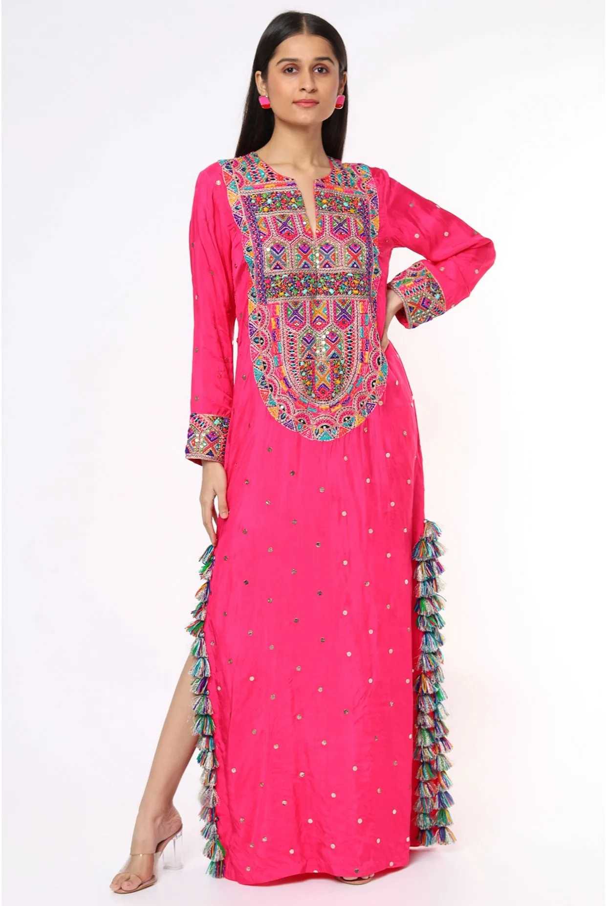 Pink Mukaish Silk Embroidered Yoke Beyza Kaftan by Payal Singhal