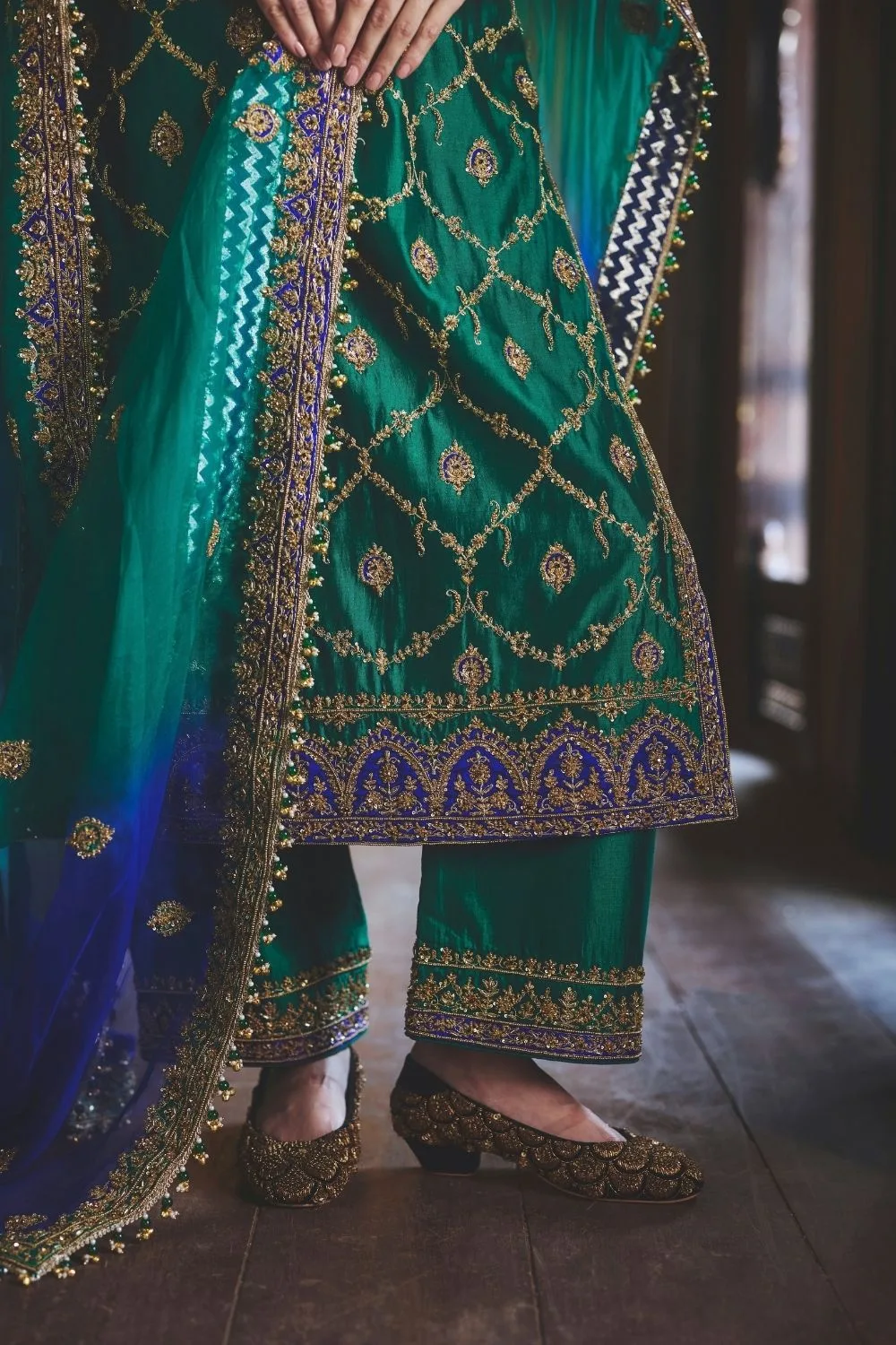 Pratham Suit Set by Jigar Mali in green, view 3