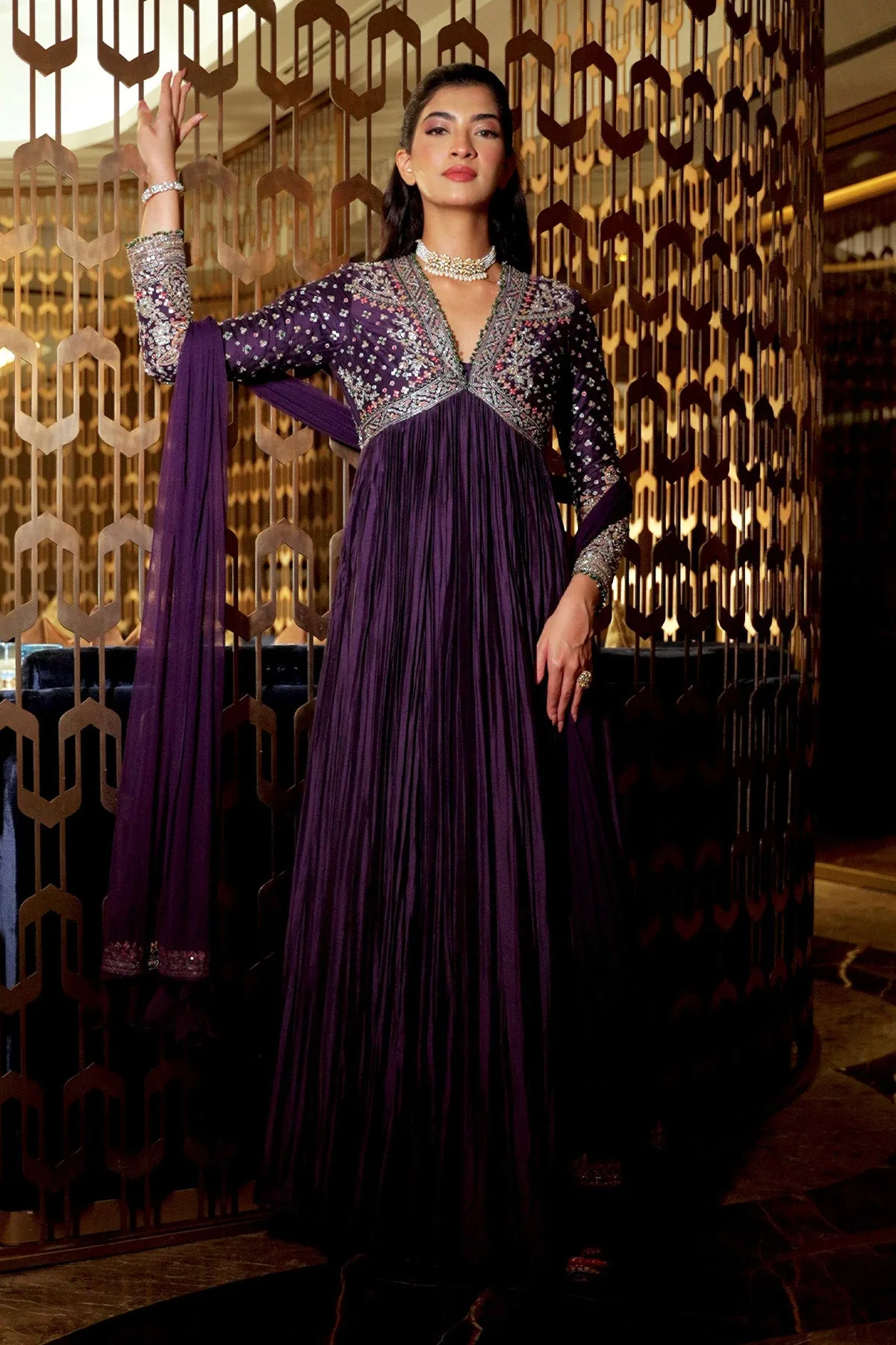Hanna Khan in Fanon Anarkali set by Ridhi Mehra in purple