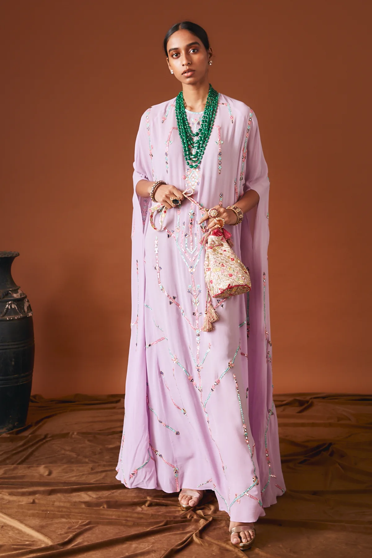 Lavender Georgette Aztek Embroidered Kaftan by Tamanna Punjabi Kapoor