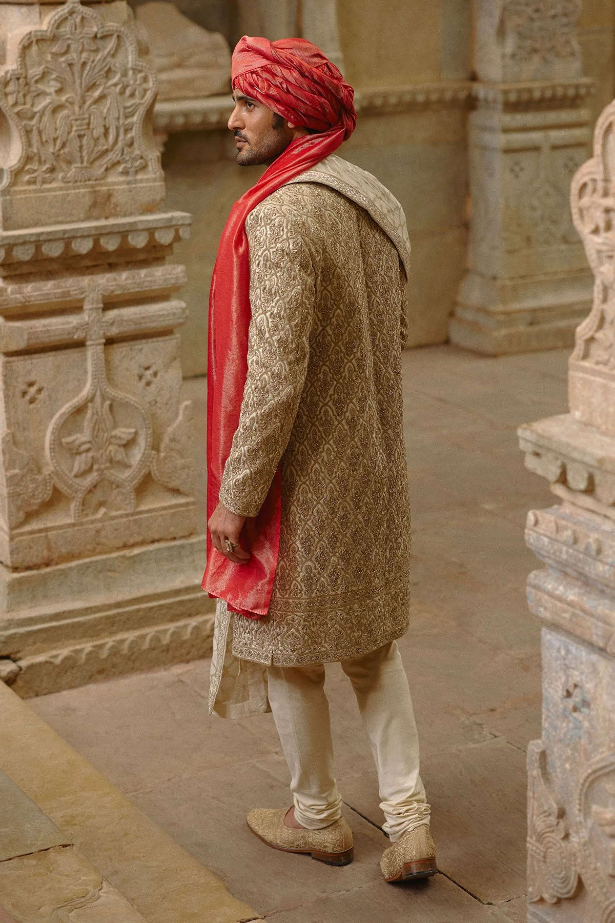 Gold Twill Sherwani Set by Nitika Gujral, view 4