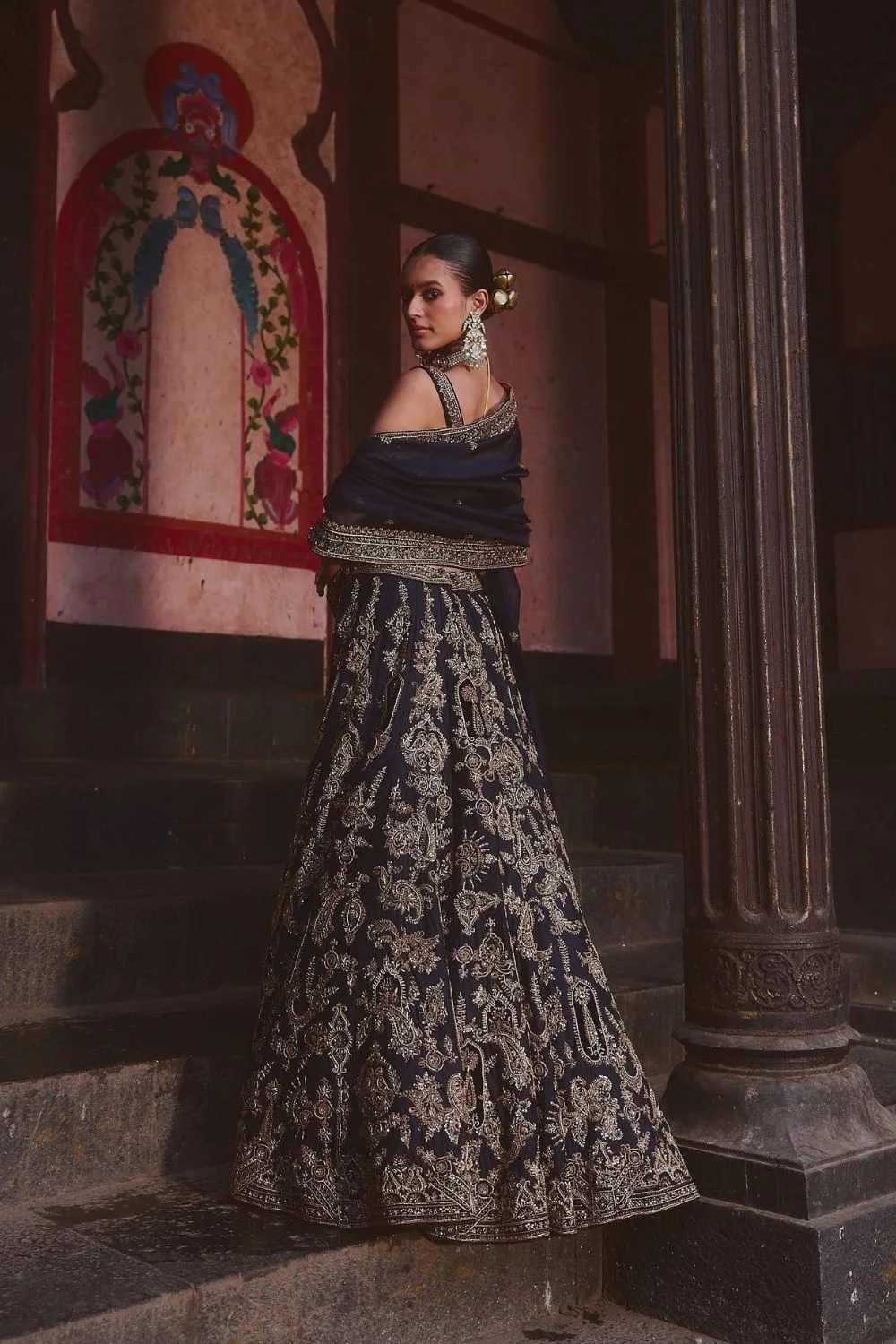 Shloka Lehenga Set by Jigar Mali in navy blue, view 4