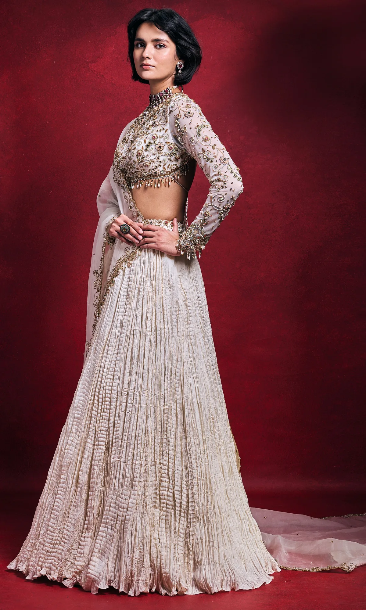 Ivory Crushed Lehenga Set by Tamanna Punjabi Kapoor, view 3