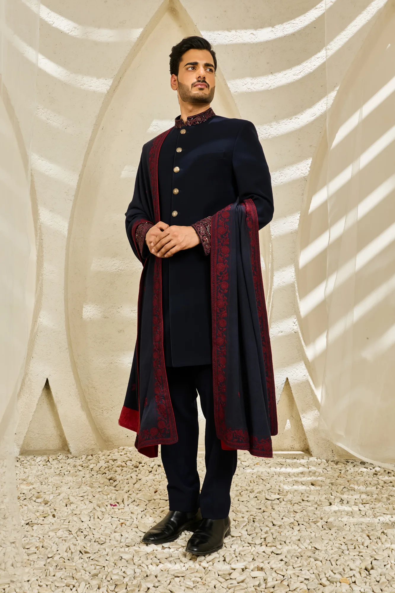 Indigo Mehrab Indowestern Set by Sarab Khanijou