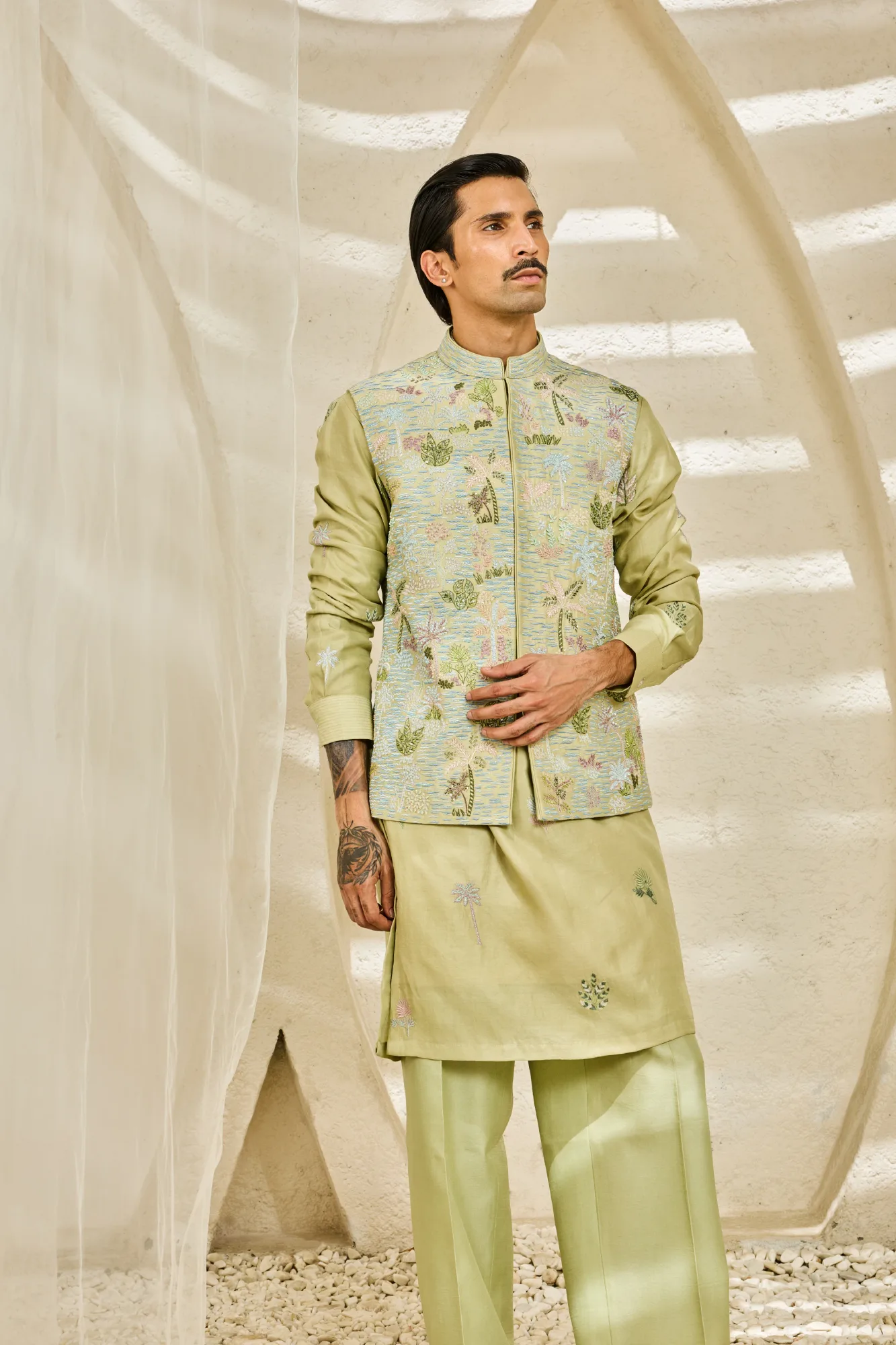Mint Serene Garden Waistcoat set by Sarab Khanijou