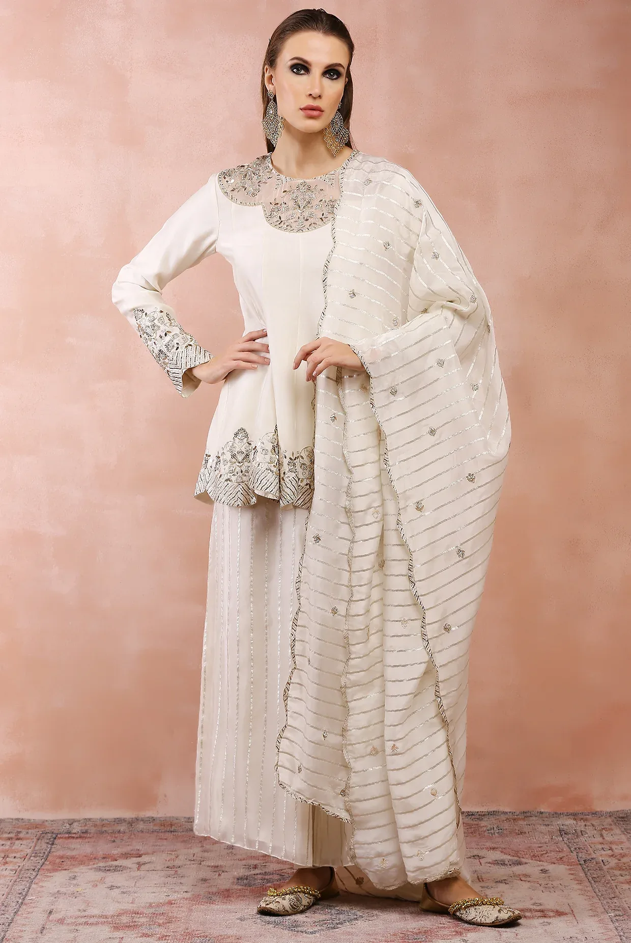 Off White Embroidered Kurta with Palazzo and Dupatta by Payal Singhal