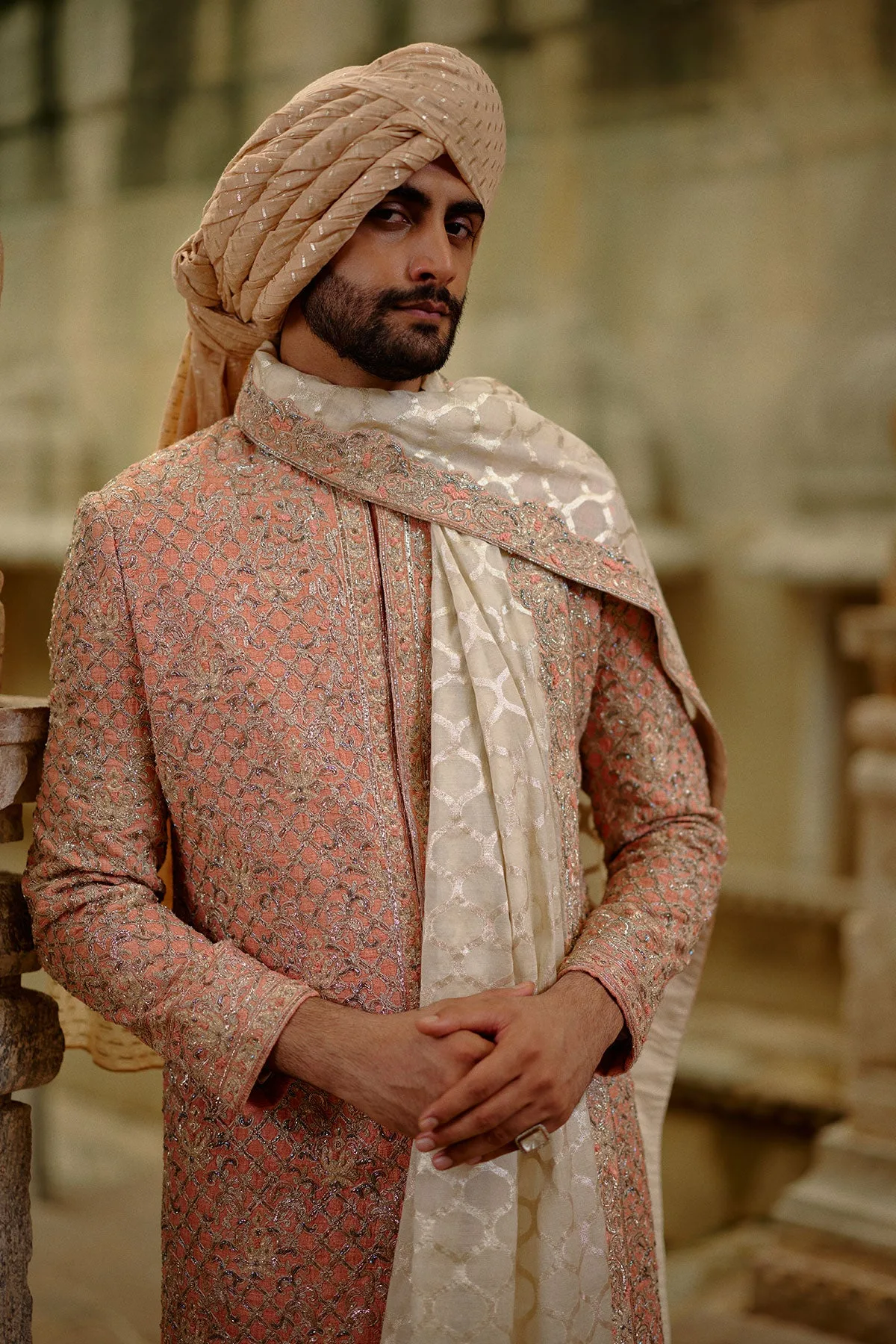 Pink Matka Silk Sherwani Set by Nitika Gujral, view 4