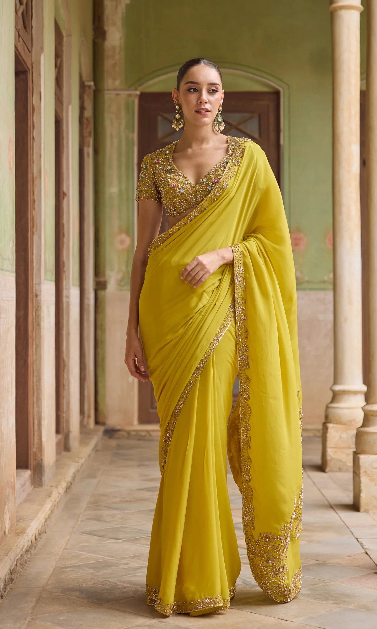 Yellow Crepe Saree Set by Tamanna Punjabi Kapoor