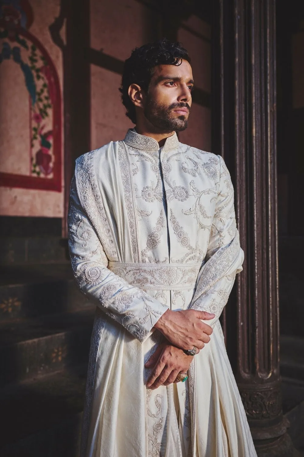 Aaroh Sherwani by Jigar Mali in ivory, view 2