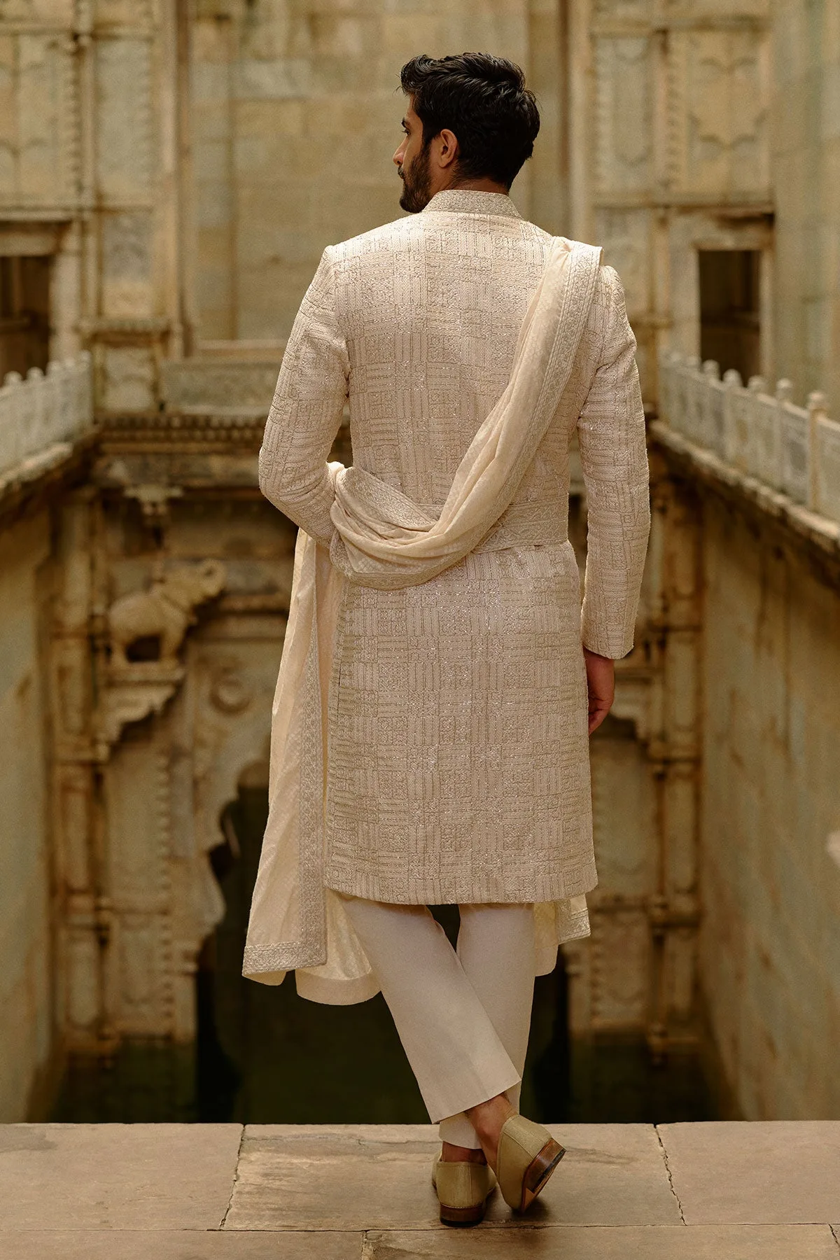 Beige Geometric Sherwani Set by Nitika Gujral, view 4