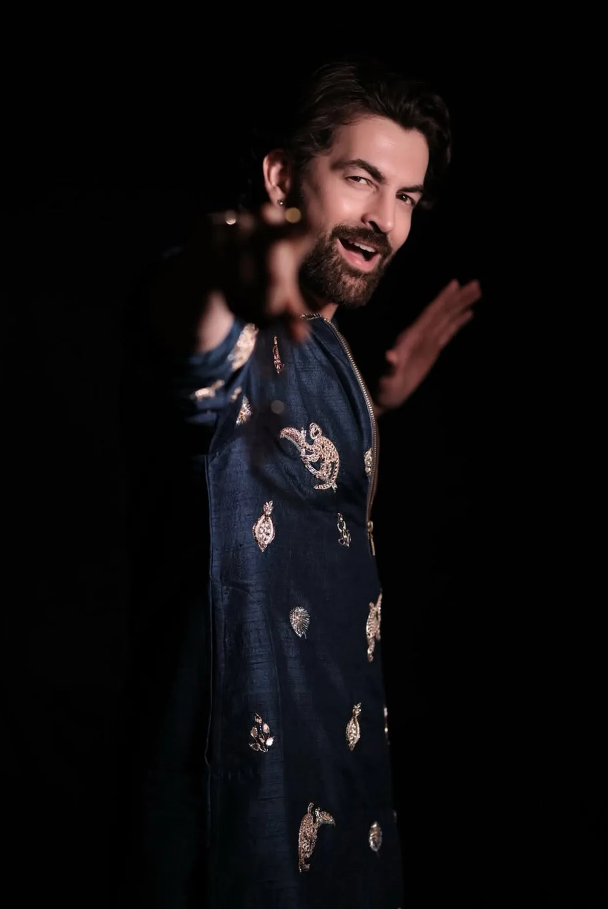 Teal Blue Embroidered Bomber Kurta With Off-White Pants by Payal Singhal, view 4