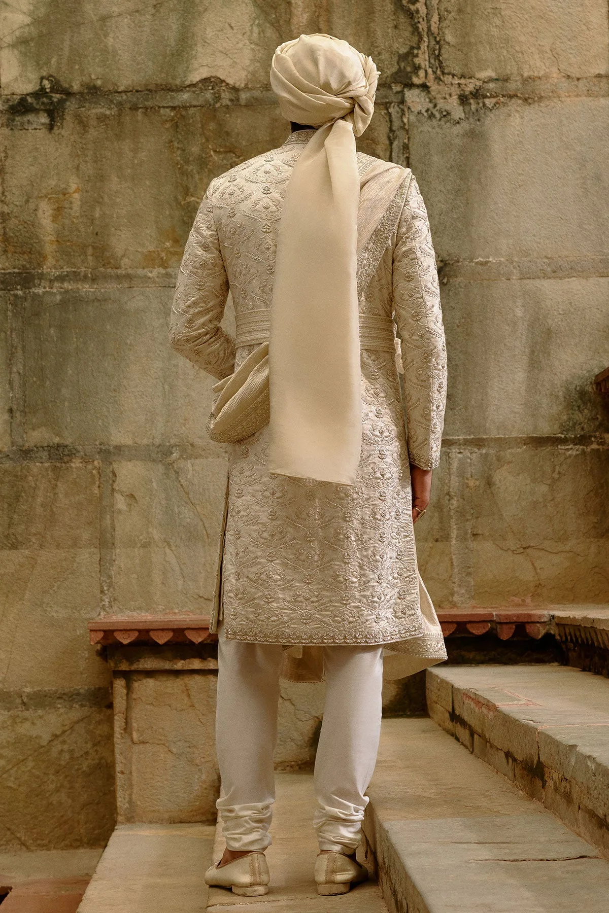 Linen Silk Sherwani Set by Nitika Gujral in ivory, view 4