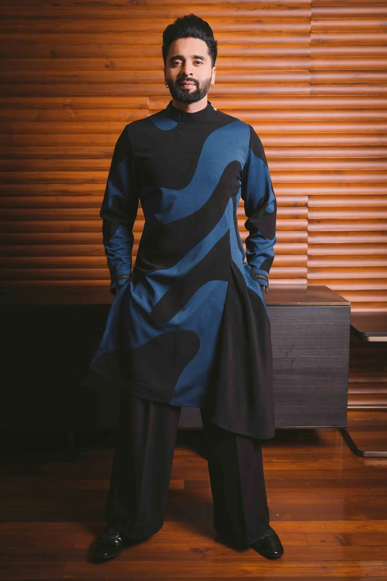 Jackky Bhagnani in Black And Blue Applique Work Kurta Set by Sarab Khanijou