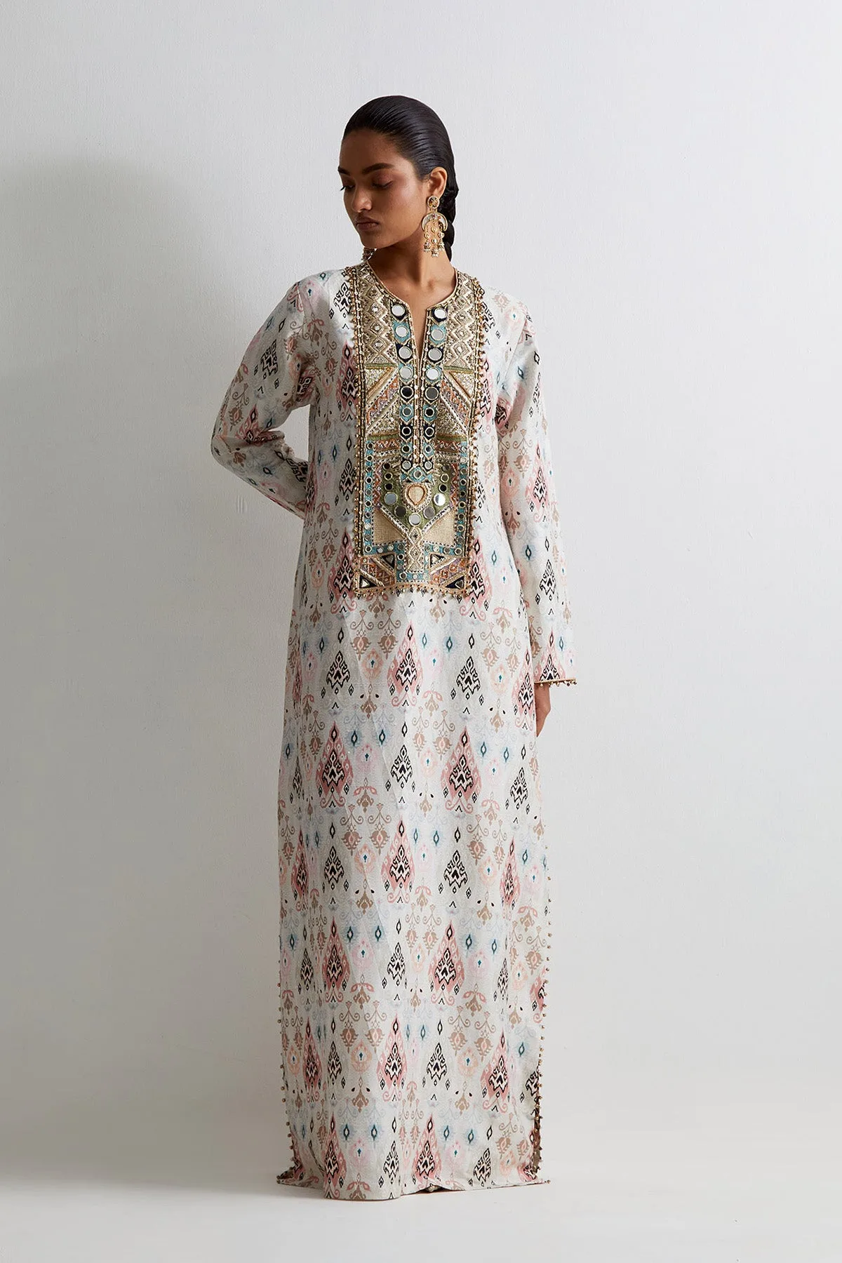 Off White Ikat Printed Beyza Kaftan With Embroidered Yoke by Payal Singhal