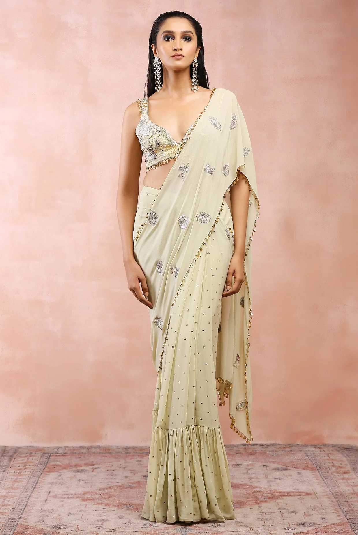 Mint Applique Embroidered Choli And Saree by Payal Singhal