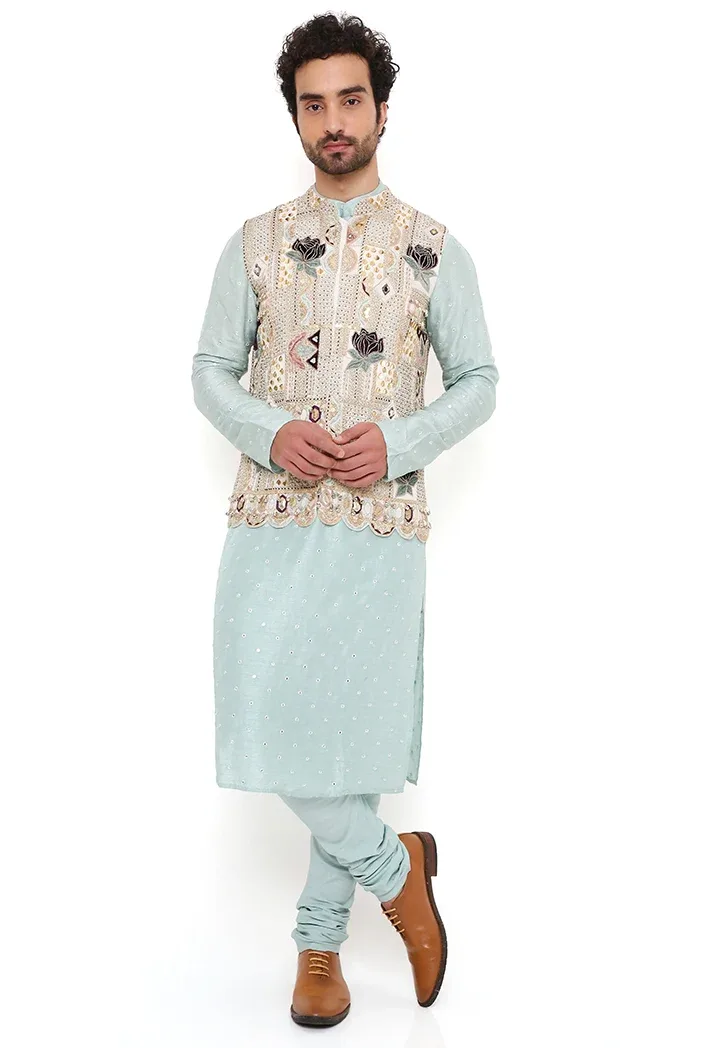 Kiaan Off White Georgette Embroidered Bandi With Aqua Abla Silk Kurta And Off White Cotton Silk Churidar by Payal Singhal