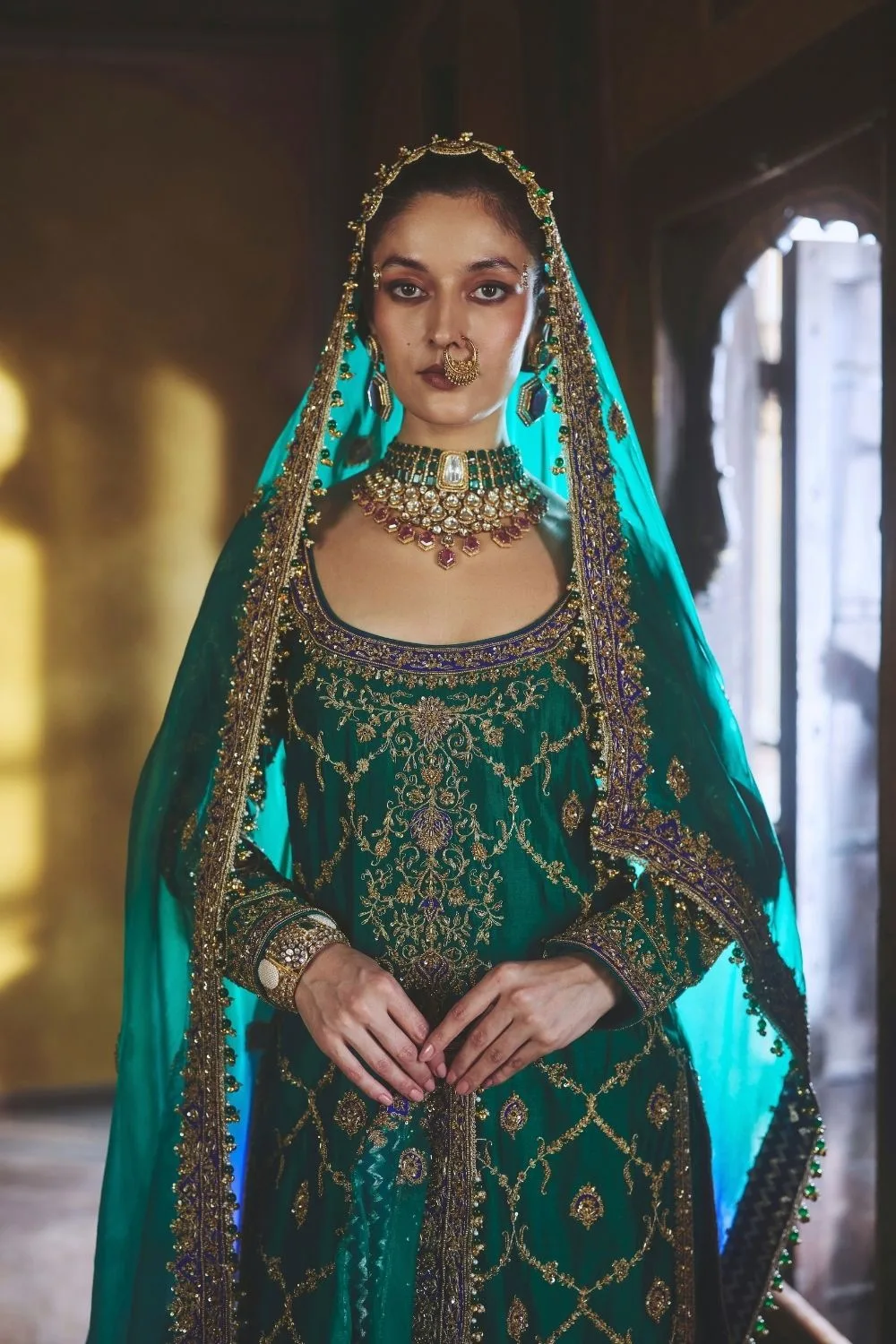 Pratham Suit Set by Jigar Mali in green, view 2