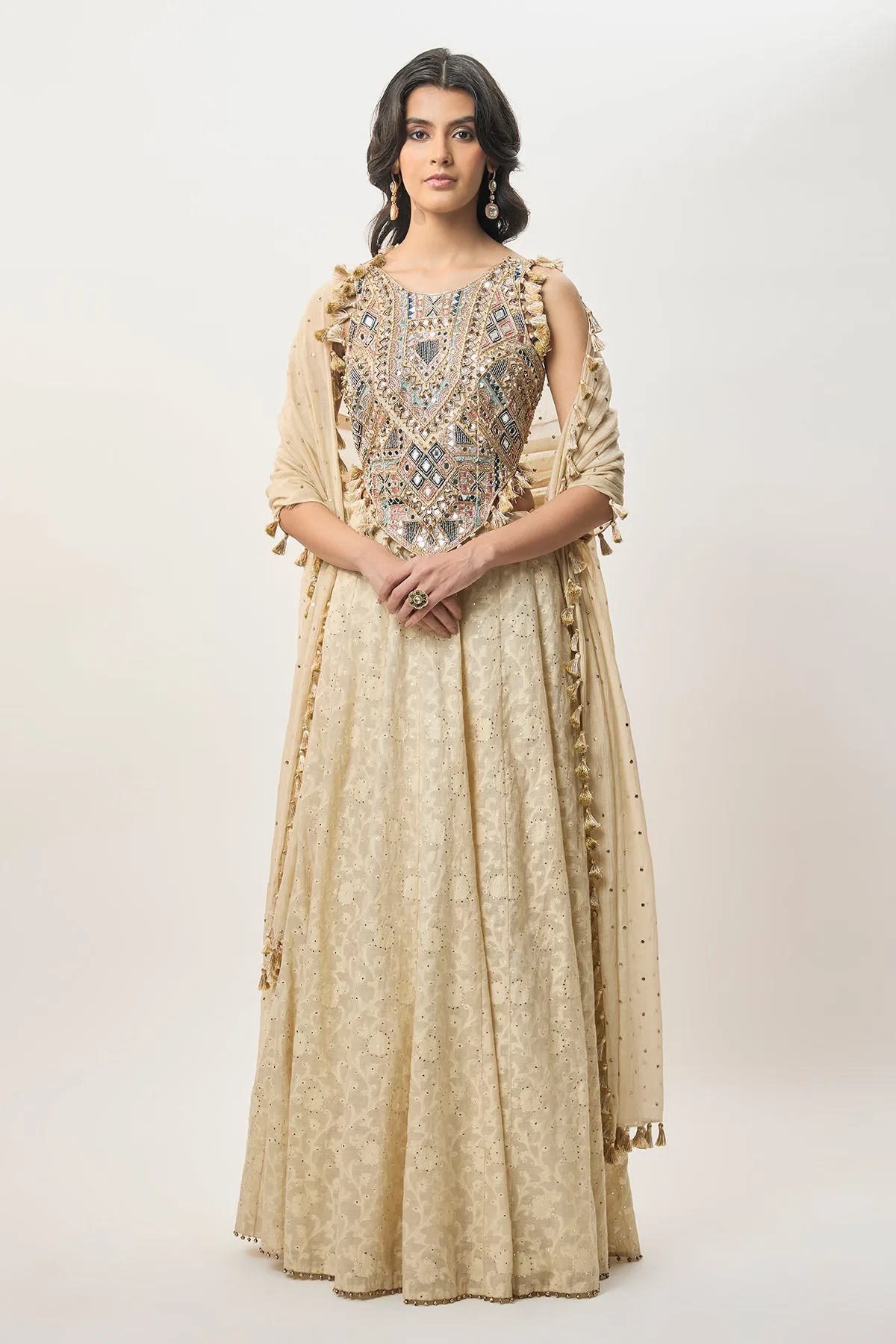 Yasna Stone Georgette Half Back Covered Embroidered Choli with Lehenga and Mukaish Mul Dupatta by Payal Singhal