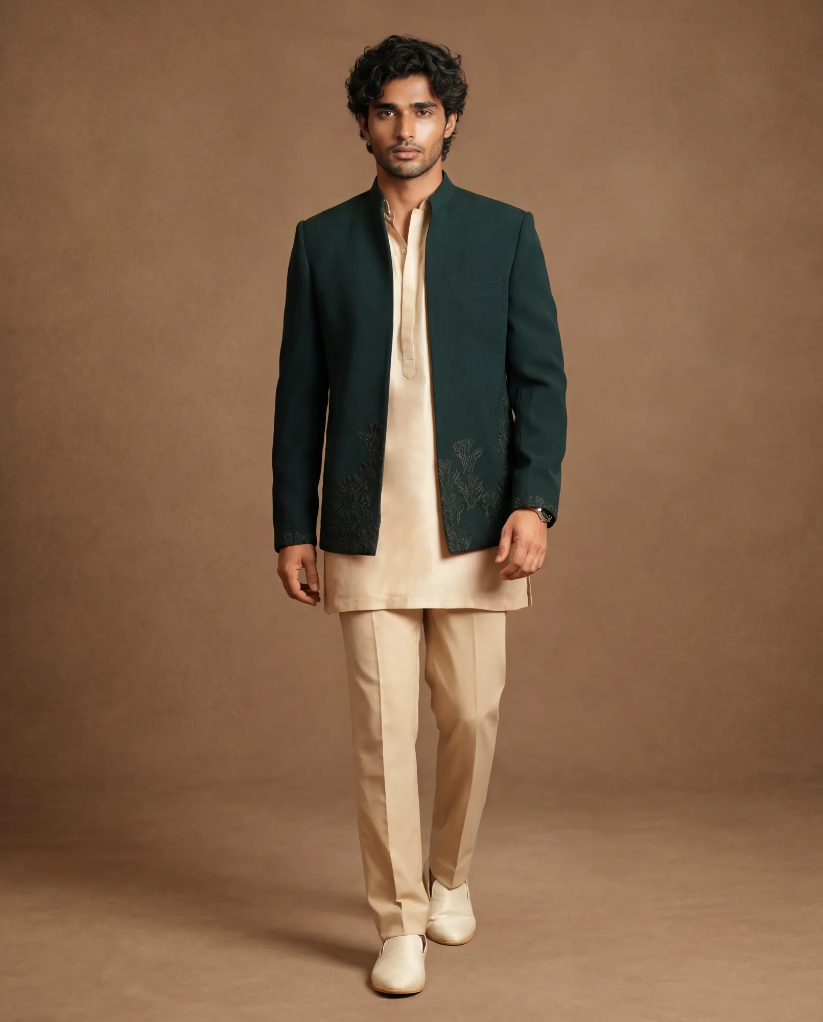Emerald Reverie Open Jacket, Kurta & Pant Set by Dolly J