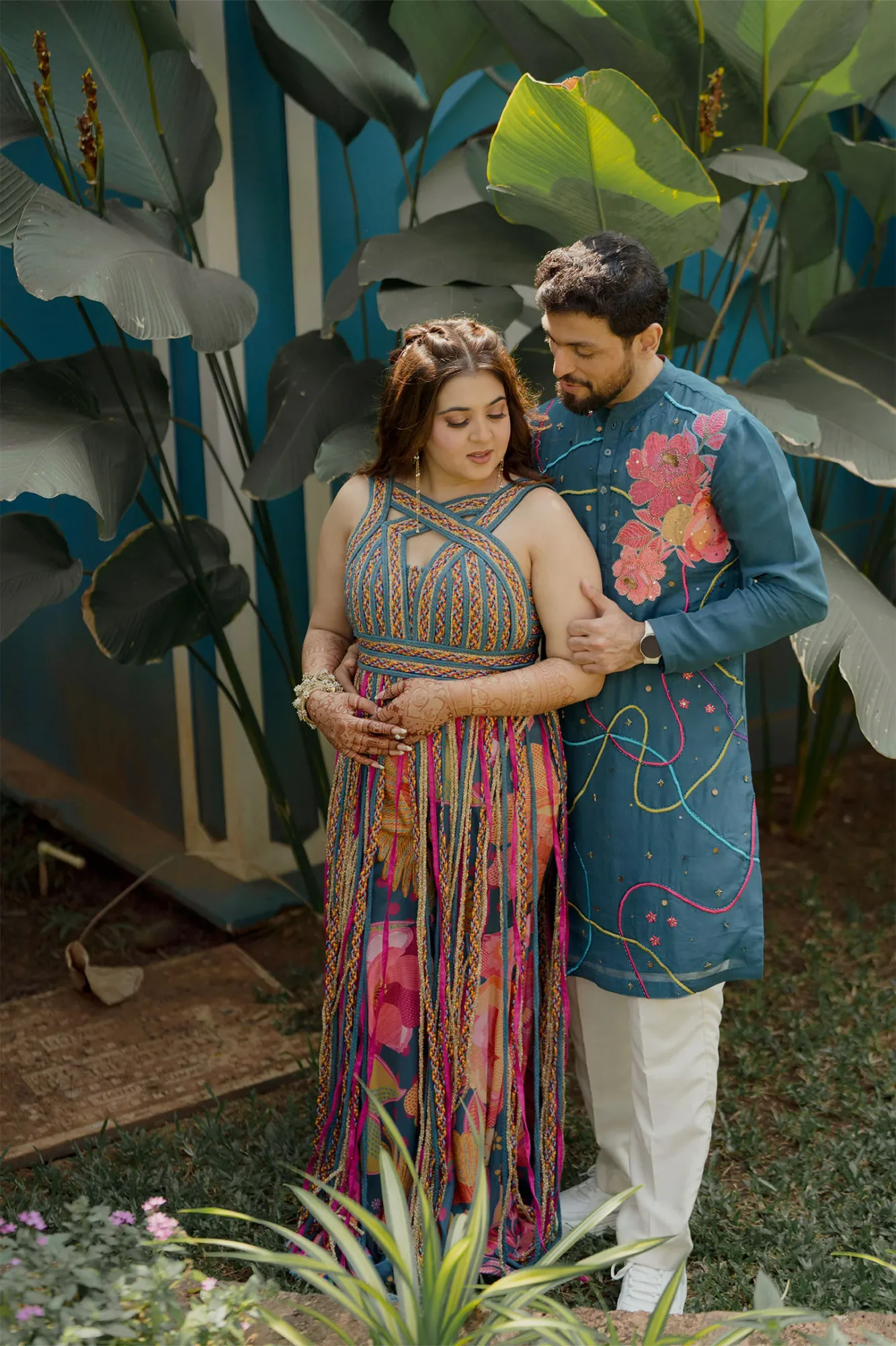 Dhun and Vineet in Teal Cascade & Teal Chulbul Kurta by Rishi and Vibhuti