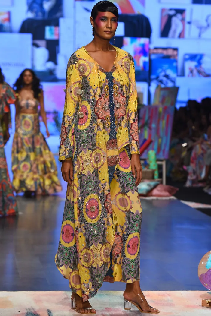 Helen Yellow Enchanted Print Crepe Embroidered One Side Trail Kurta With Cropped Palazzo by Payal Singhal