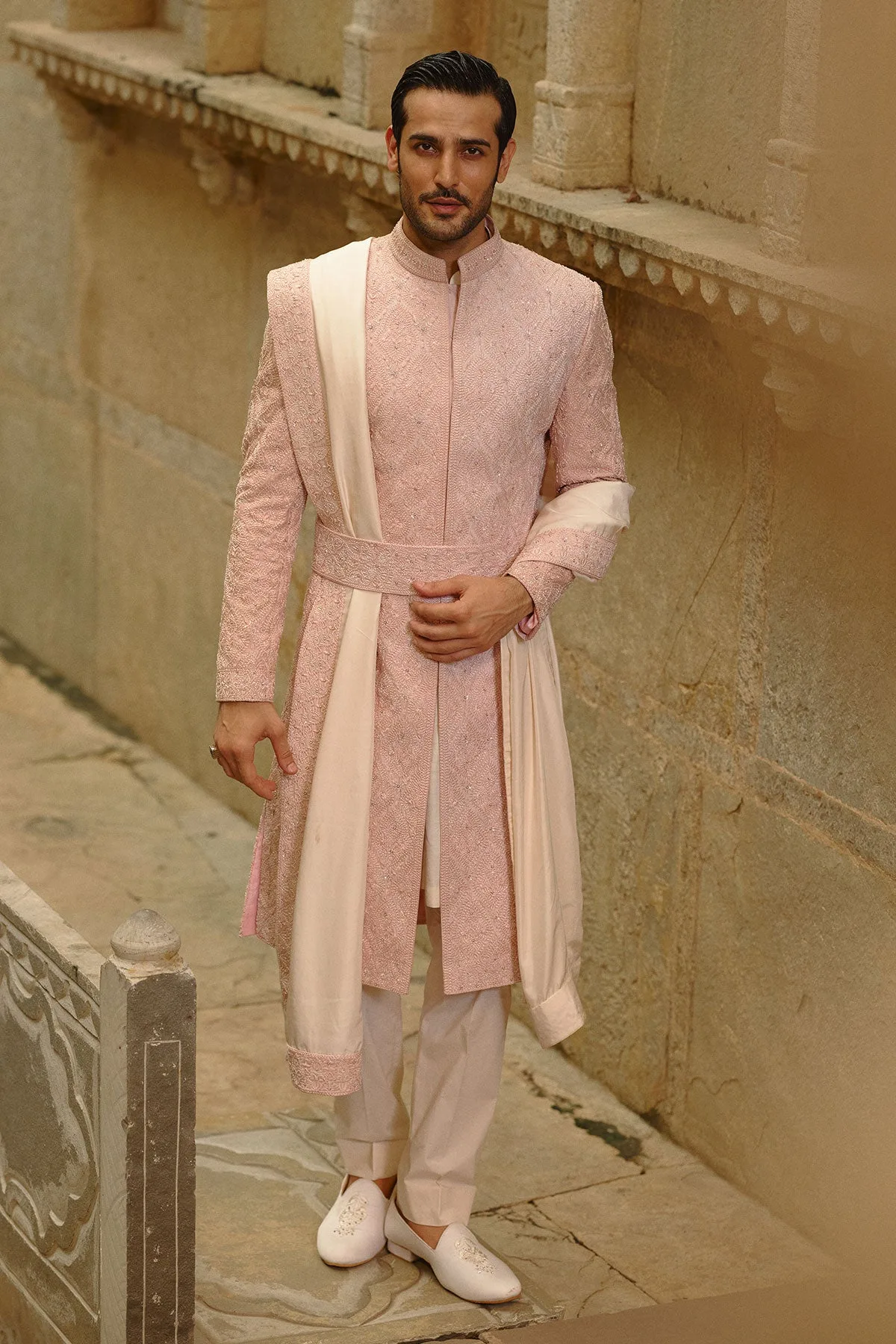 Blush Pink Tafetta Silk Sherwani Set by Nitika Gujral