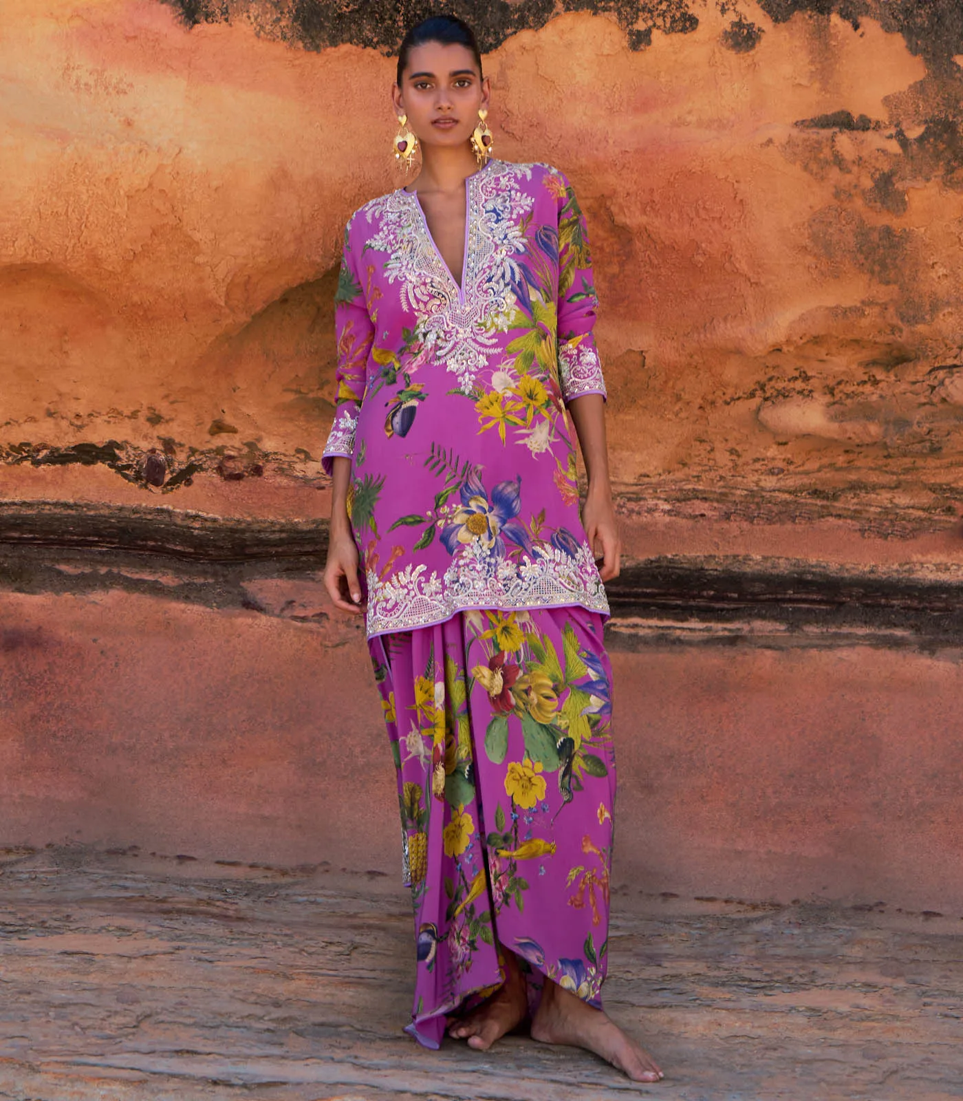 Purple Mahek Printed High Low Kurta Skirt Set by Anushree Reddy