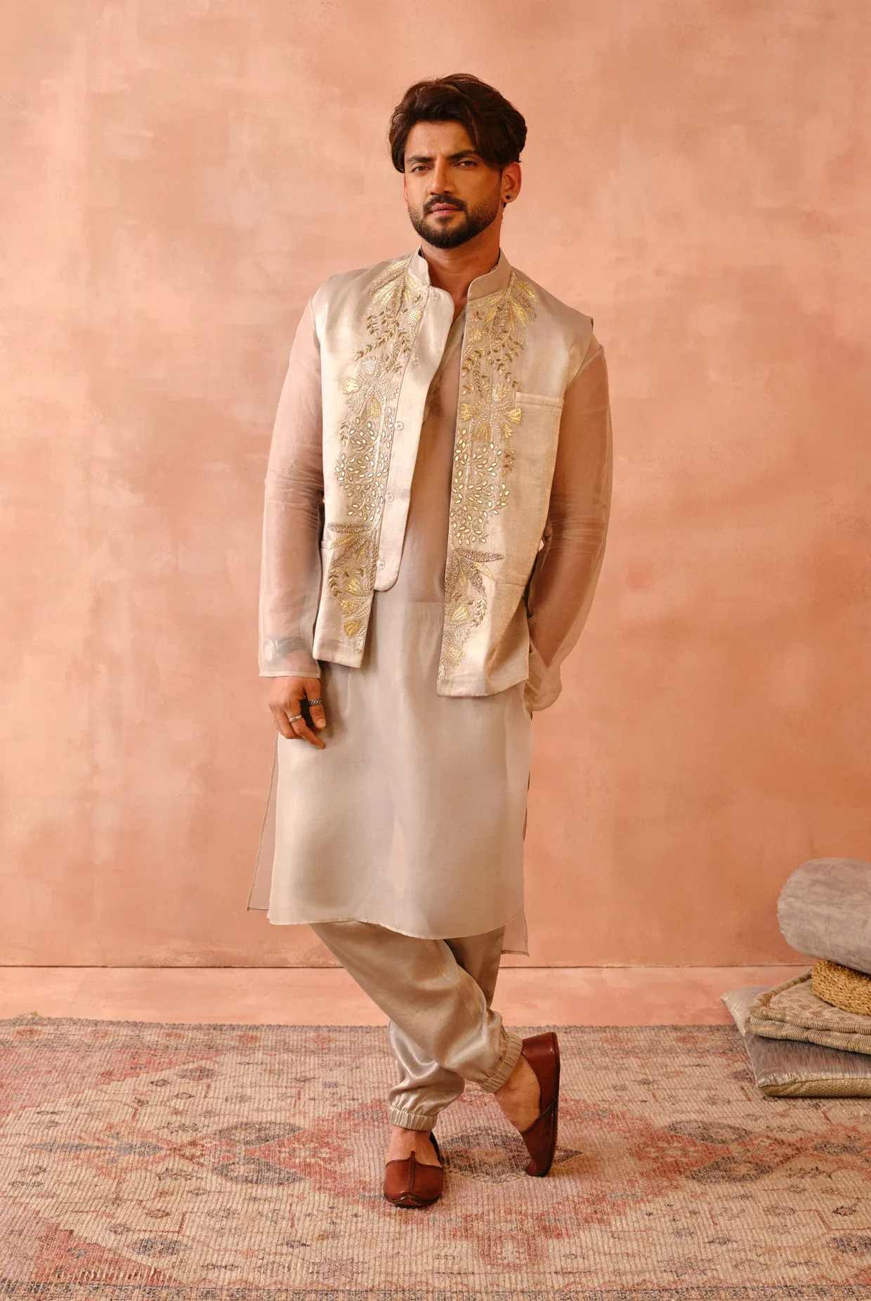 Grey Bagh Embroidered Bandi With Kurta And Jogger Pant by Payal Singhal
