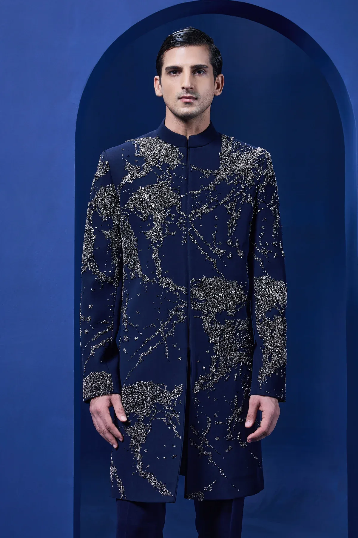Navy blue Indo Western highlighted with sequins pearl and cutdana by Sarab Khanijou