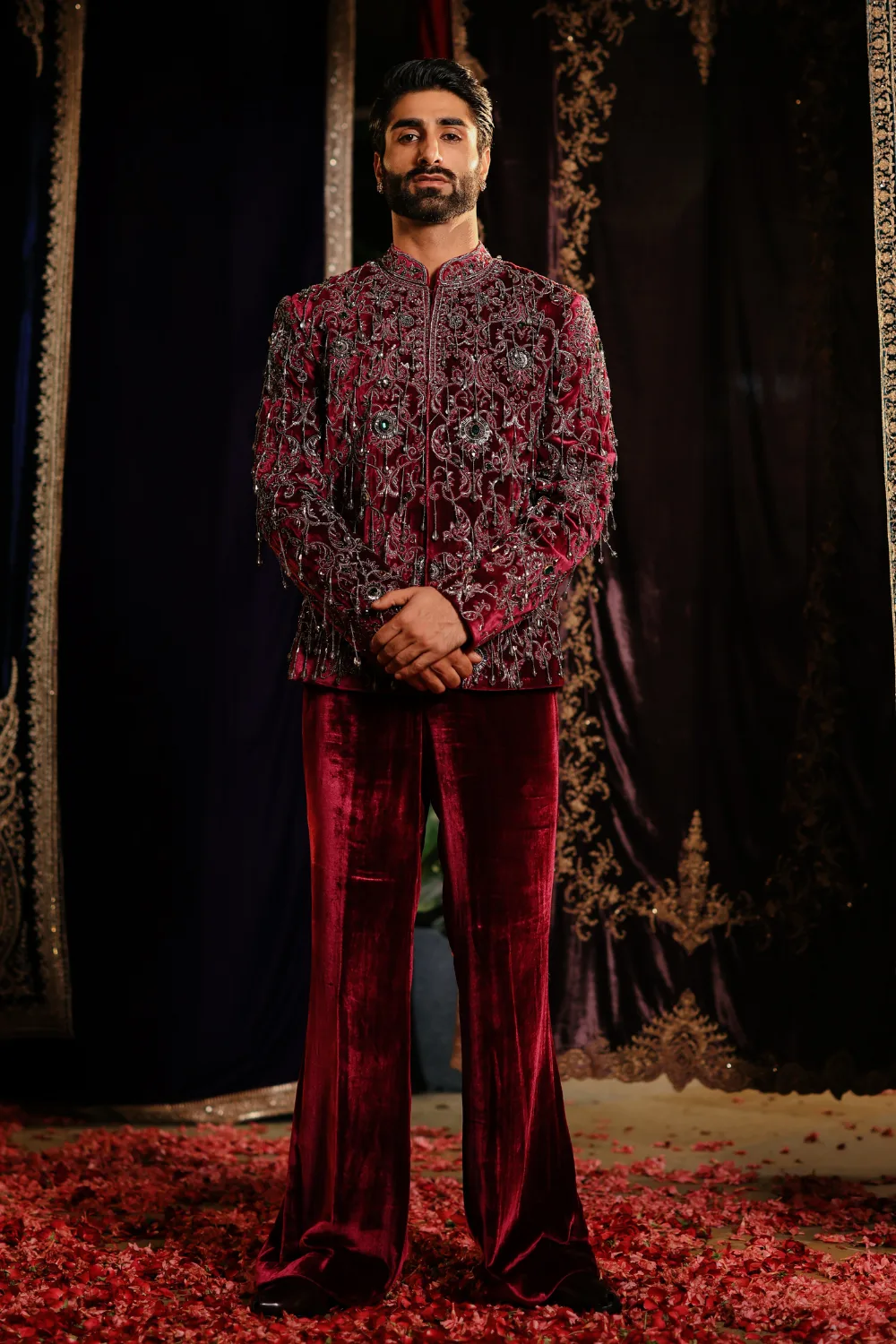 Misam Jacket Set by Jigar Mali in maroon