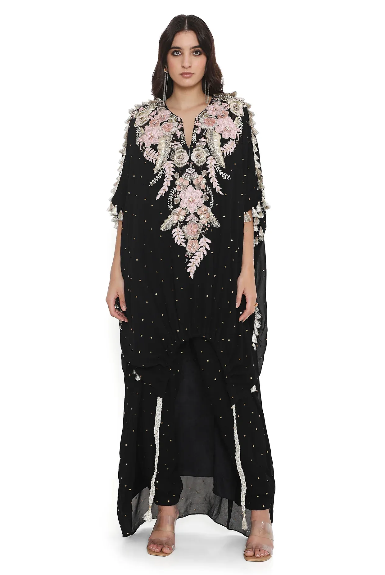 Black Embroidered High Low Kaftan with Jogger Pant by Payal Singhal