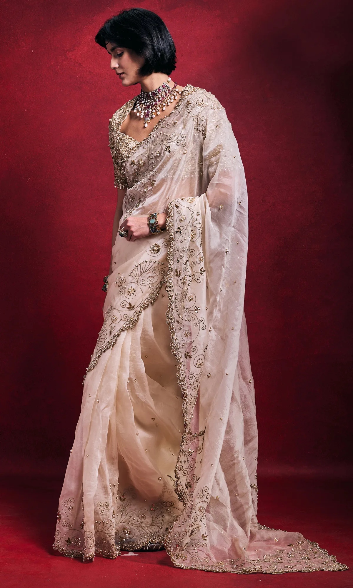 Cream Organza Saree Set by Tamanna Punjabi Kapoor, view 4