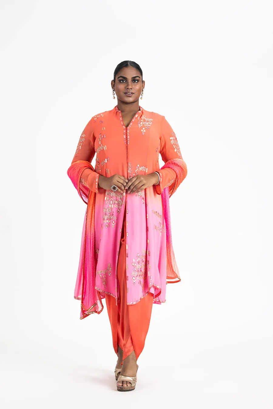 Mango to Pink Shaded Shirt with Dhoti and Dupatta by Nitika Gujral