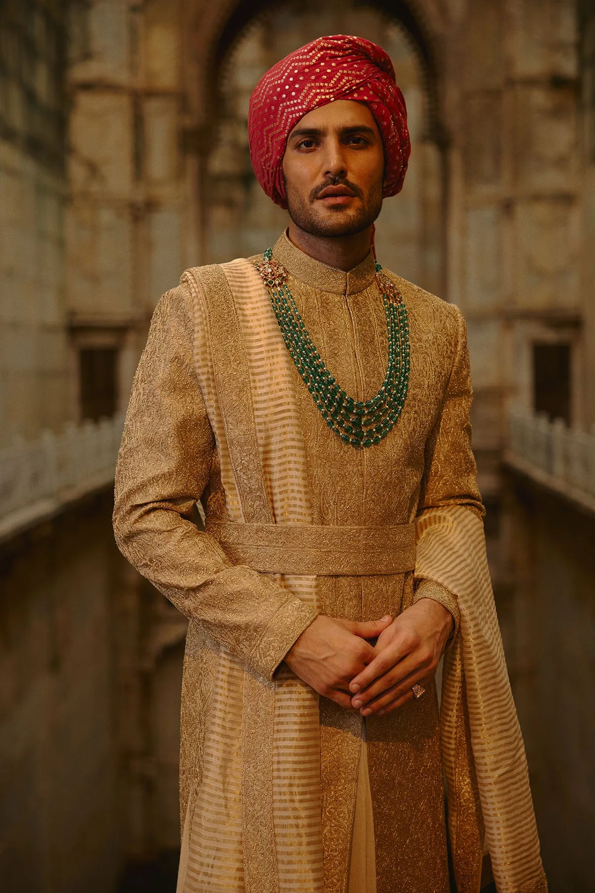 Salmon Pink Sherwani Set by Nitika Gujral, view 4