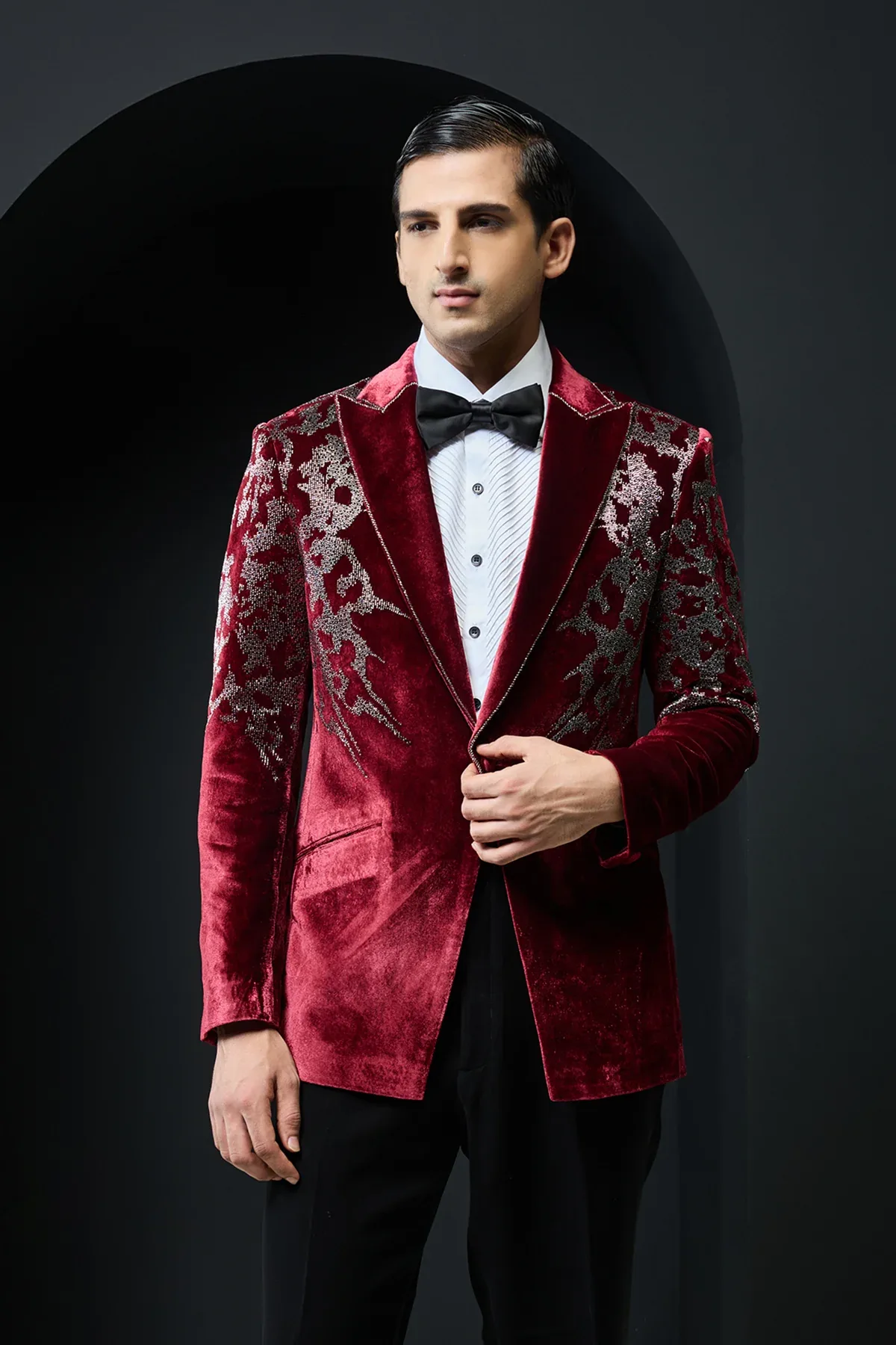 Wine tuxedo highlighted with cutdana by Sarab Khanijou